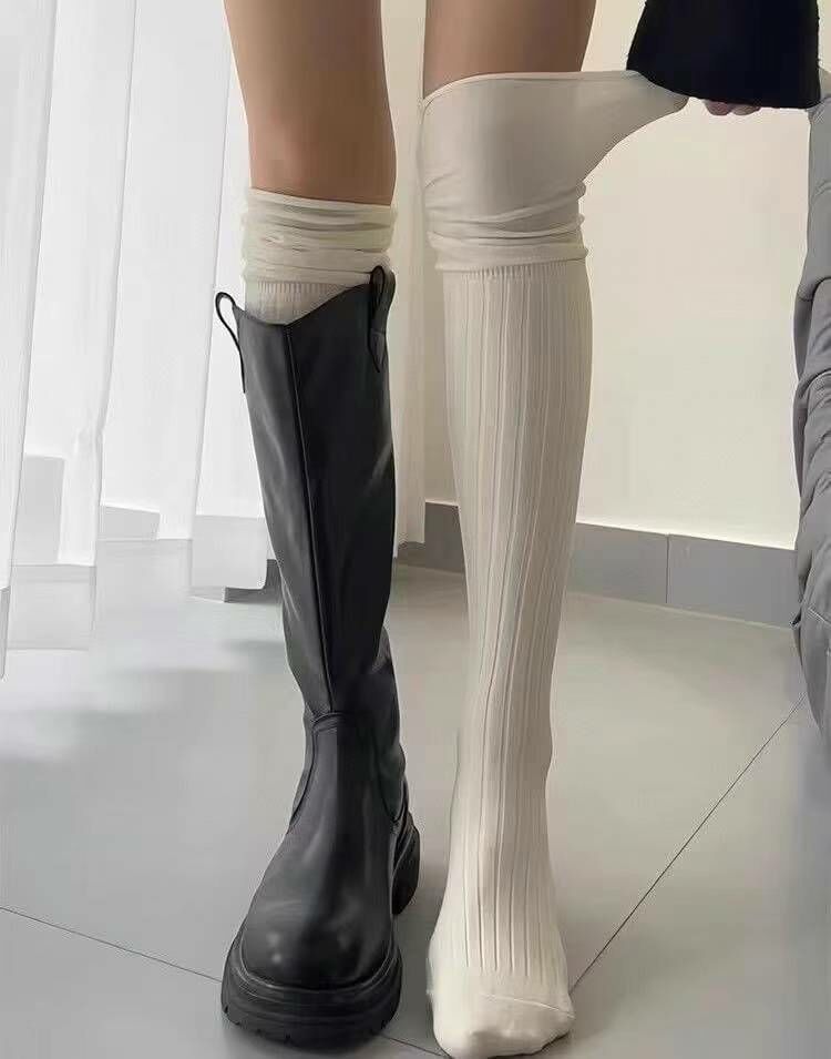 CT3347 💜爆款拼接膝上襪 網紗＋條紋棉質 可堆堆