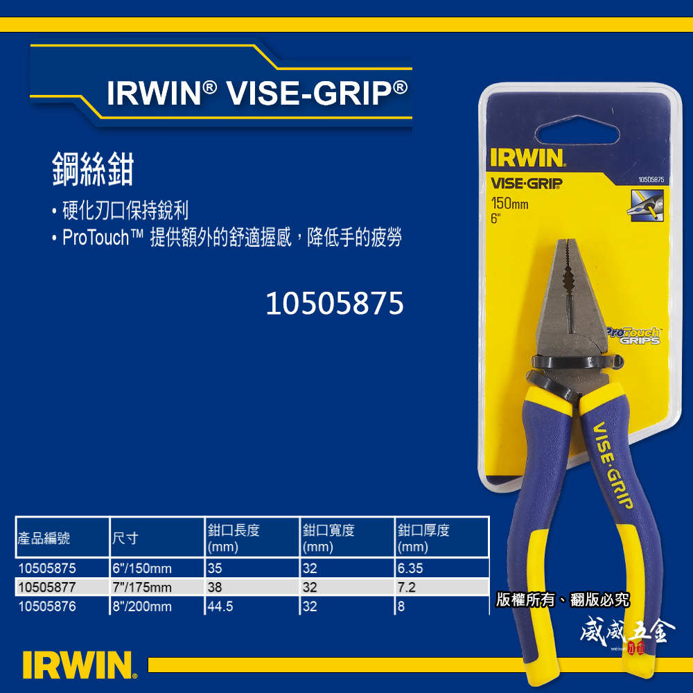 美國 IRWIN 握手牌｜6" 舒適握柄鋼絲鉗 膠柄歐式鐵絲鉗 強力鐵鉗 膠柄虎鉗 老虎鉗｜10505875