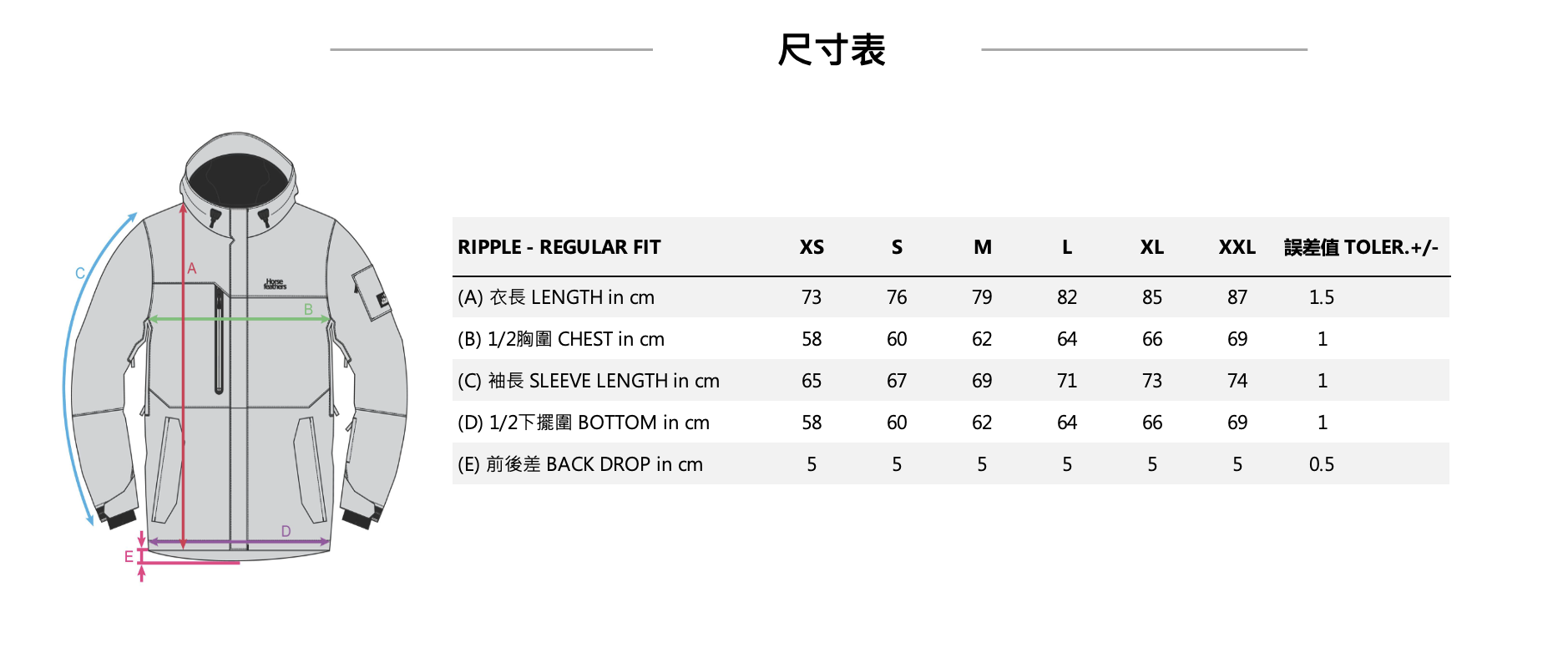 RIPPLE JACKET FW23男款時尚滑雪外套 尺寸表