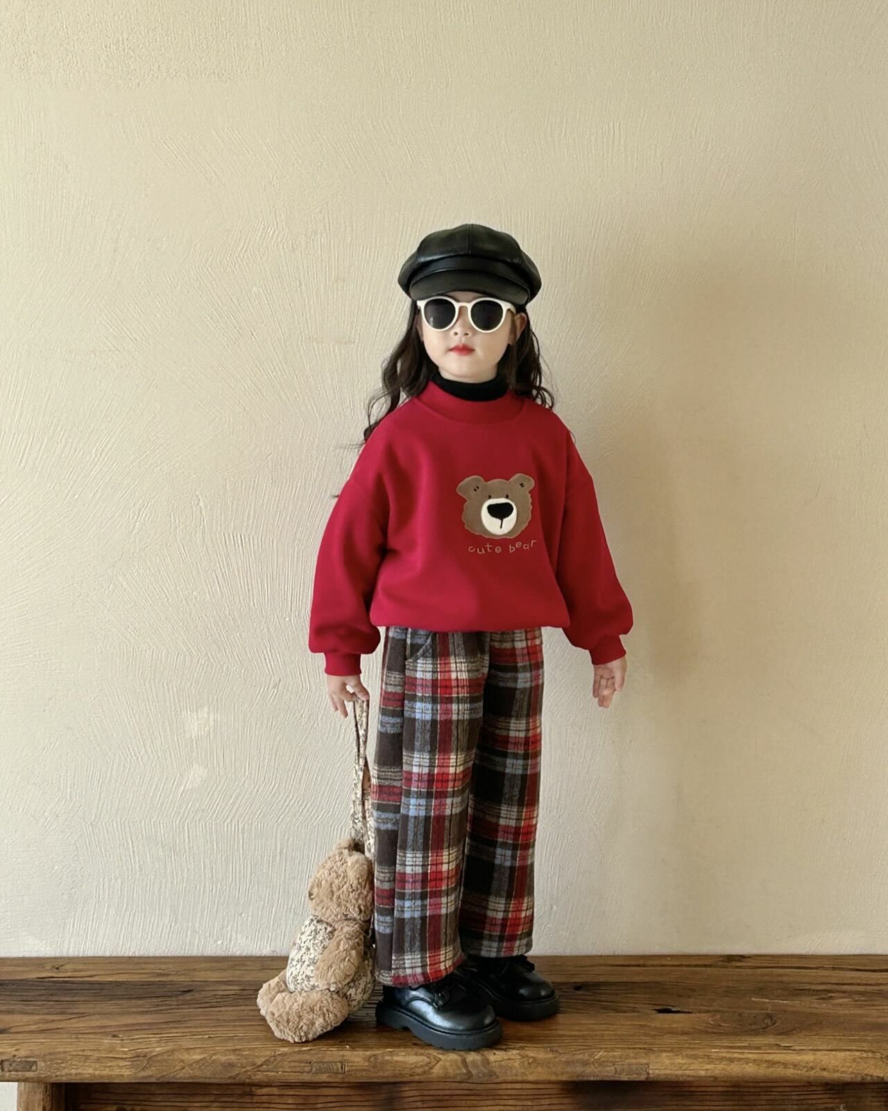 加絨小熊上衣/經典加絨格子褲
