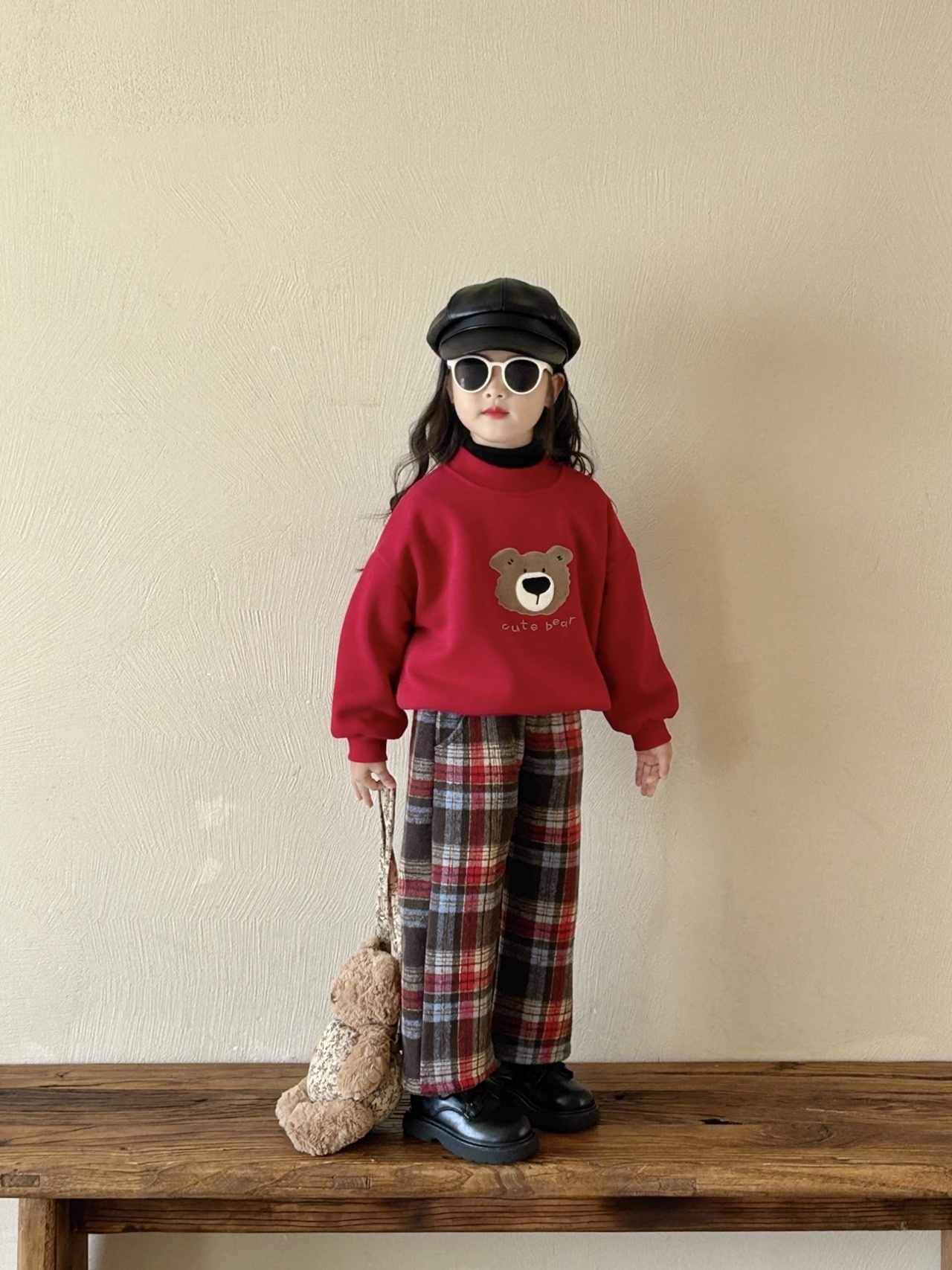 加絨小熊上衣/經典加絨格子褲