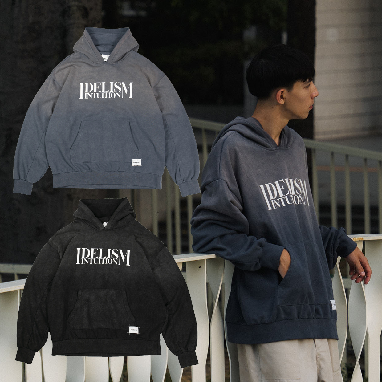idealism Gradient Hoodie 藍色 黑色 異材質拼接 漸洗連帽衛衣【ID24046】