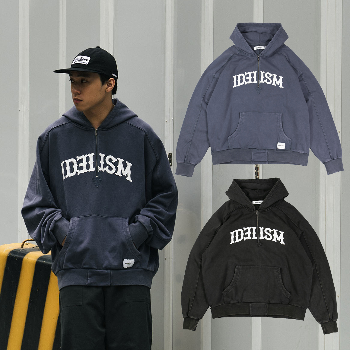 idealism Vintage Pullover 藍色 黑色 水洗 古著連帽衛衣【ID24054】