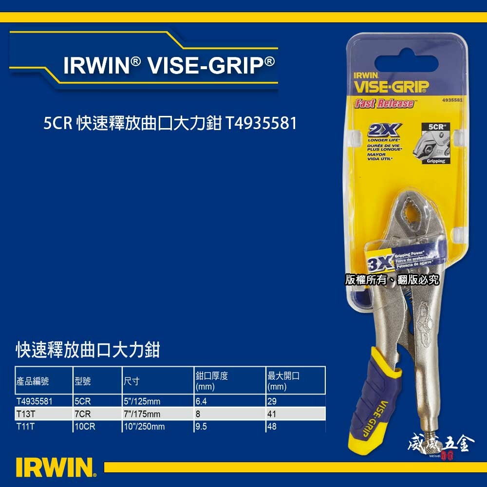 美國 IRWIN 握手牌｜5CR｜人體工學握柄膠柄萬能鉗 快速釋放柄固定鉗 強力夾齒萬能鉗｜T4935581