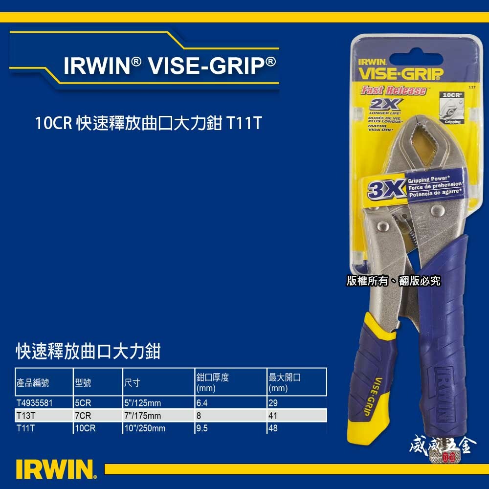 美國 IRWIN 握手牌｜膠柄10CR｜10"人體工學握柄萬能鉗 膠柄萬能固定鉗 強力夾齒萬能夾鉗｜T11T