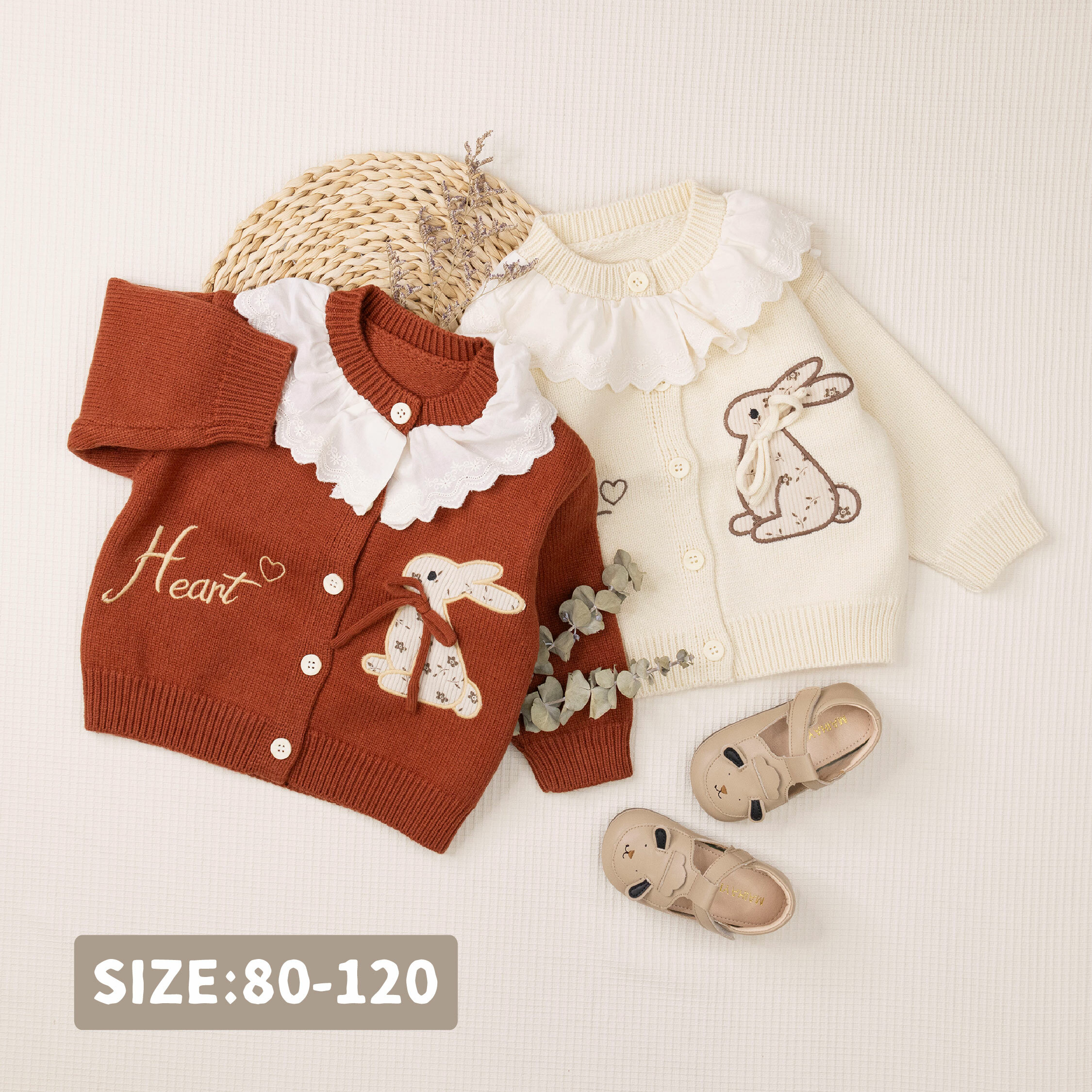 【H45374】碎花小兔荷葉領拼接針織外套