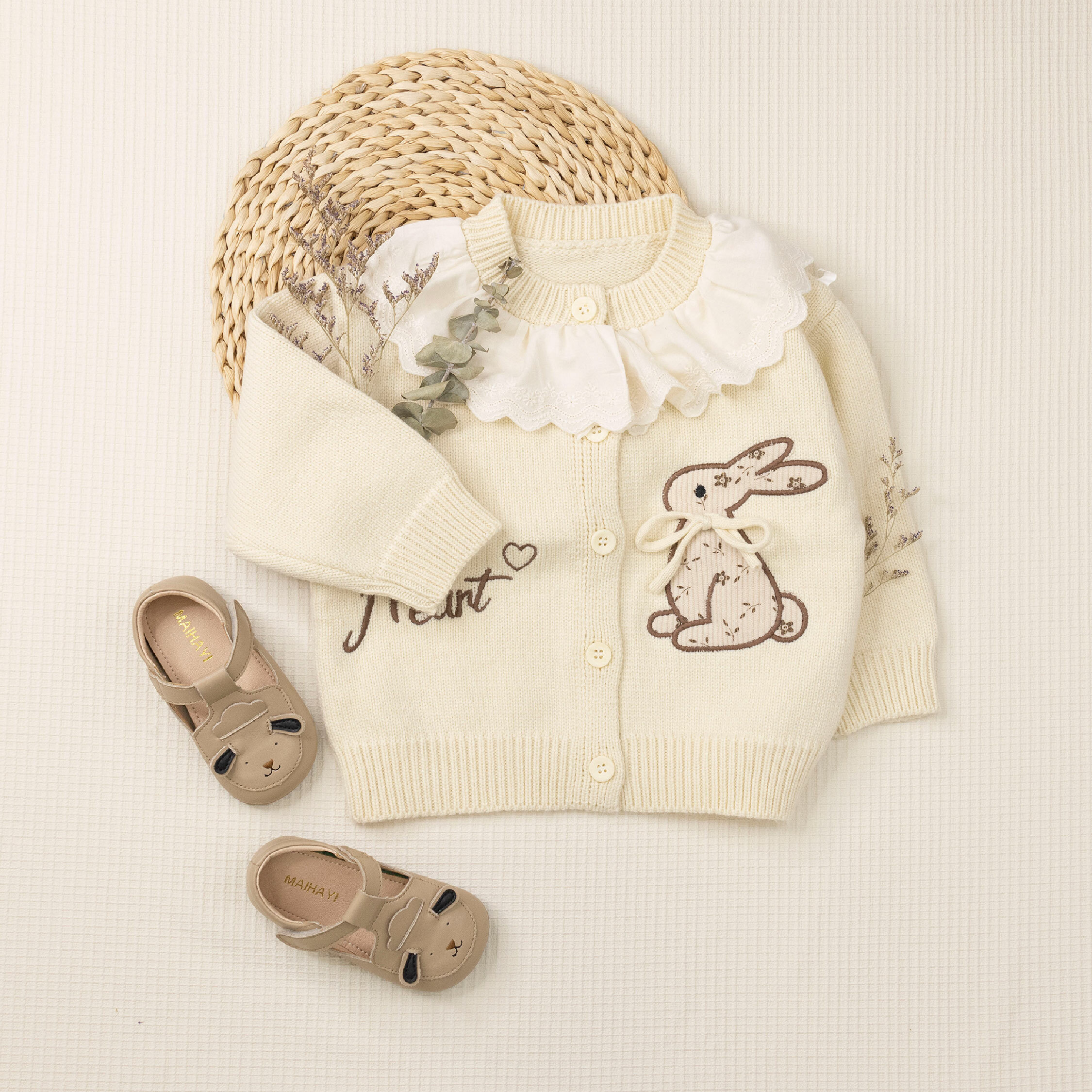 【H45374】碎花小兔荷葉領拼接針織外套