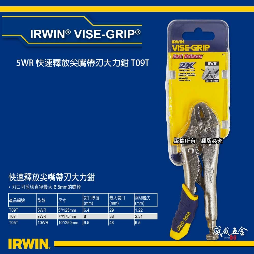 美國 IRWIN 握手牌｜膠柄 5WR｜人體工學握柄膠柄萬能鉗 5" 快速釋放式固定鉗 萬能夾鉗｜T09T