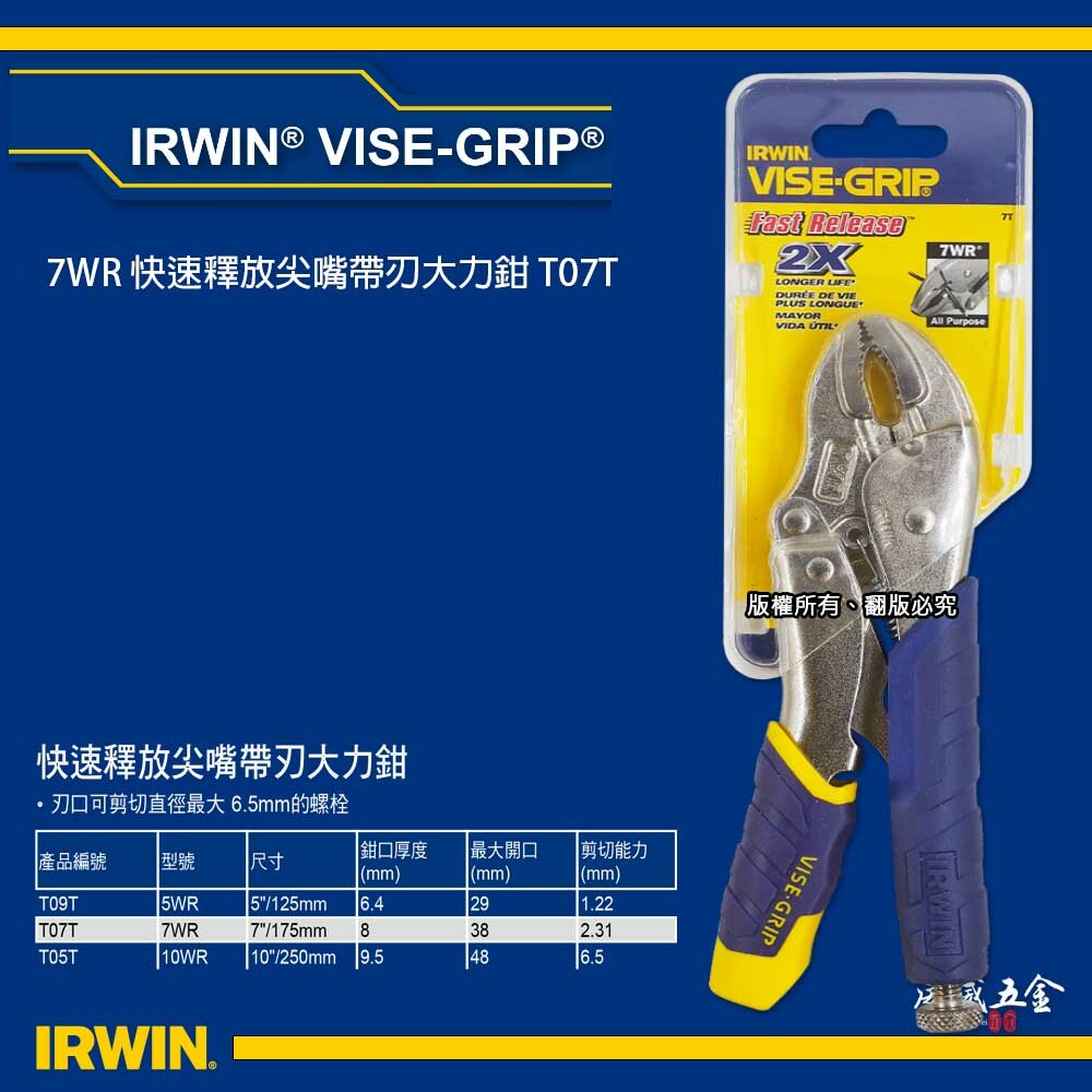 美國 IRWIN 握手牌｜7WR 膠柄固定鉗 人體工學握柄膠柄萬能鉗 7" 快速釋放柄-膠柄夾鉗｜T07T