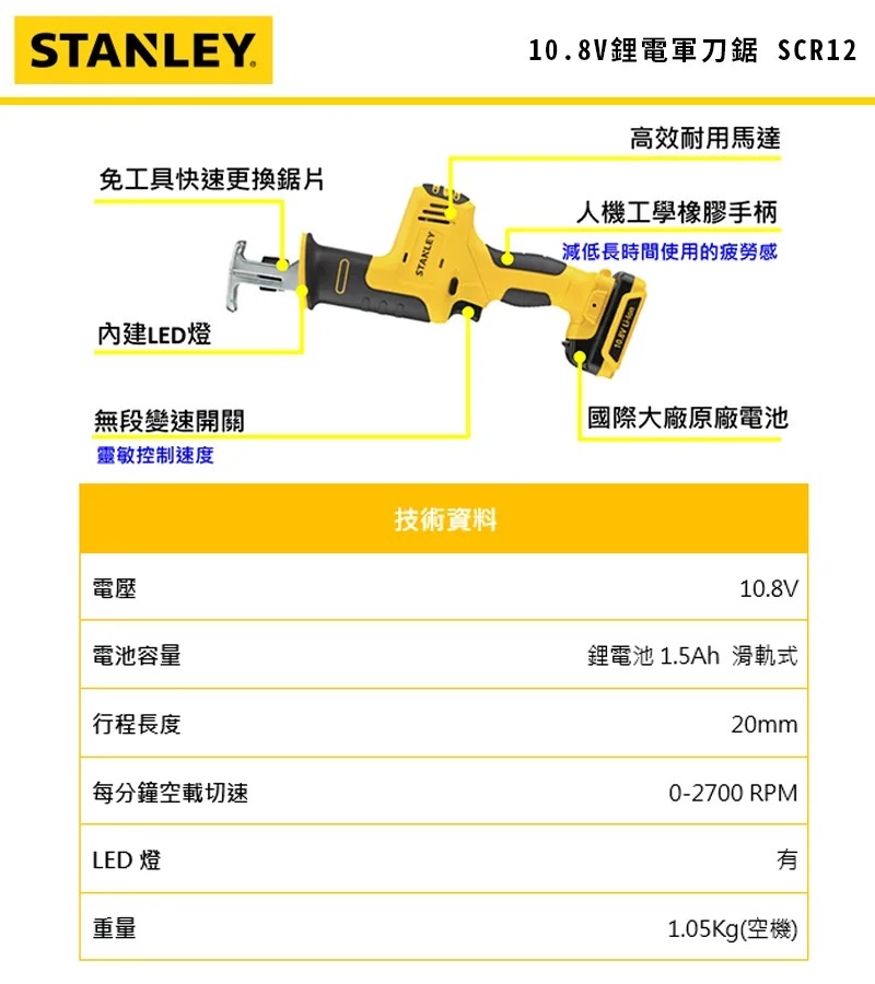 史丹利10.8V軍刀鋸 SCR12S2K 雙電1.5