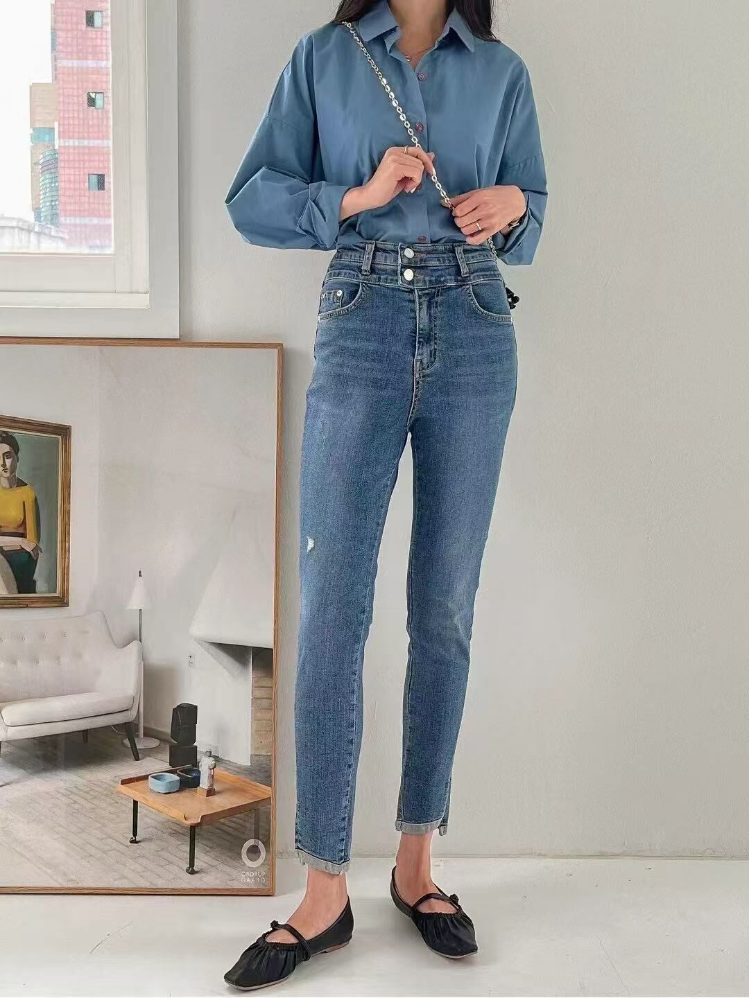 韓國OddEye型格雙扣明線顯瘦牛-2色4碼 #Q12146