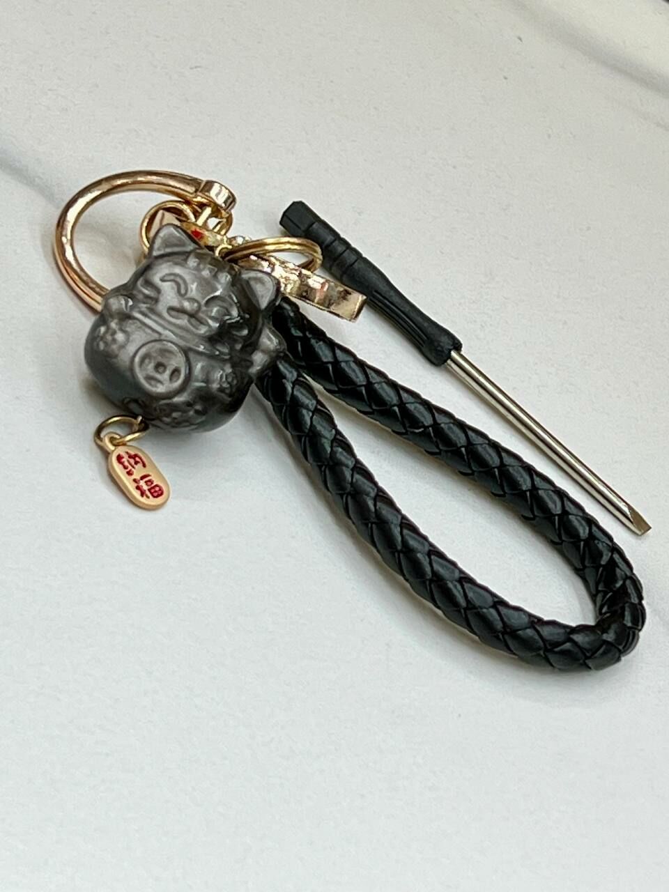 [S] GEMZ & CO BFG OBSIDIAN FORTUNE CAT BAG CHARM WITH MINI SCREWDRIVER, X78 (X78)
