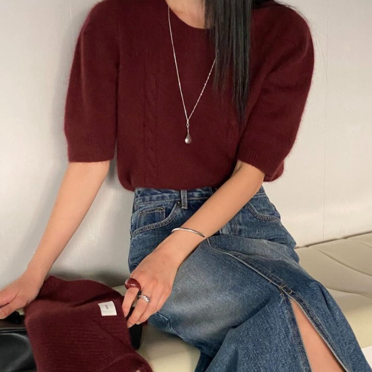 韓國 eum 澎袖羊毛針織上衣 酒紅