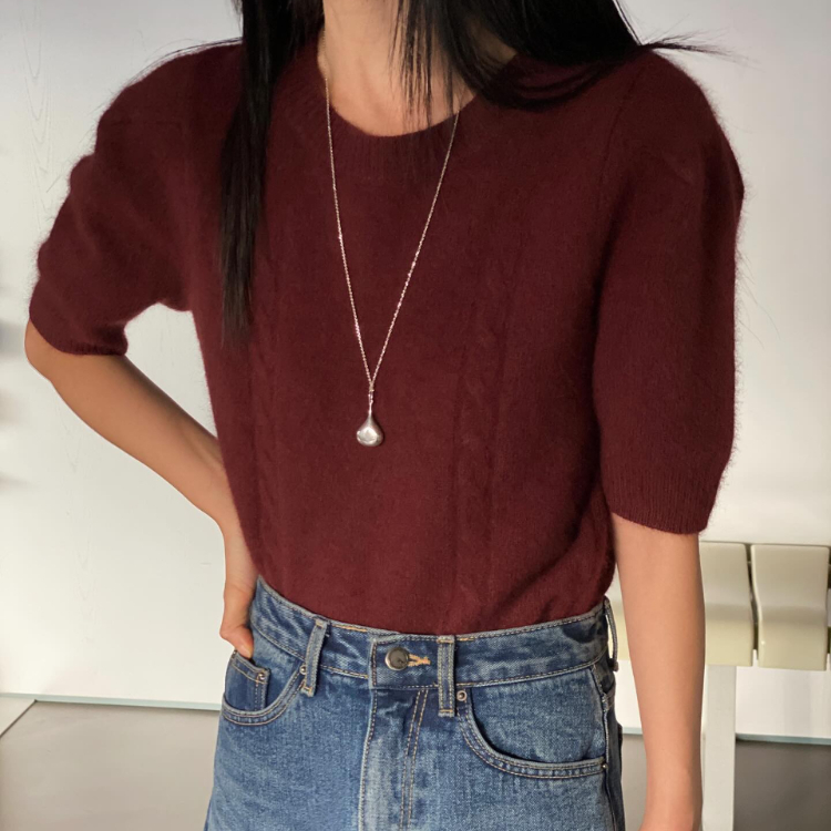 韓國 eum 澎袖羊毛針織上衣 酒紅