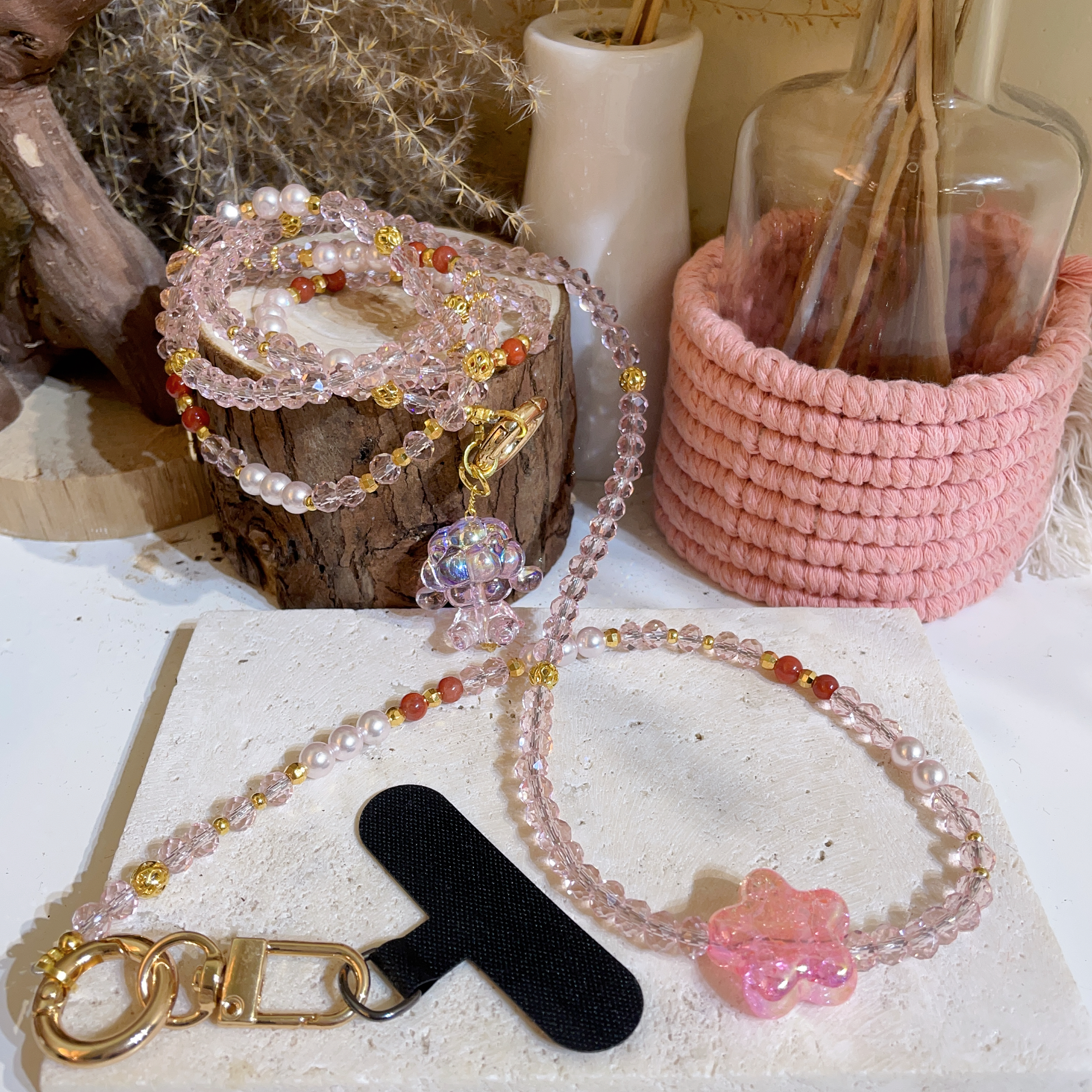 南紅瑪瑙星星粉貝珠拼奧地利水晶三用鏈