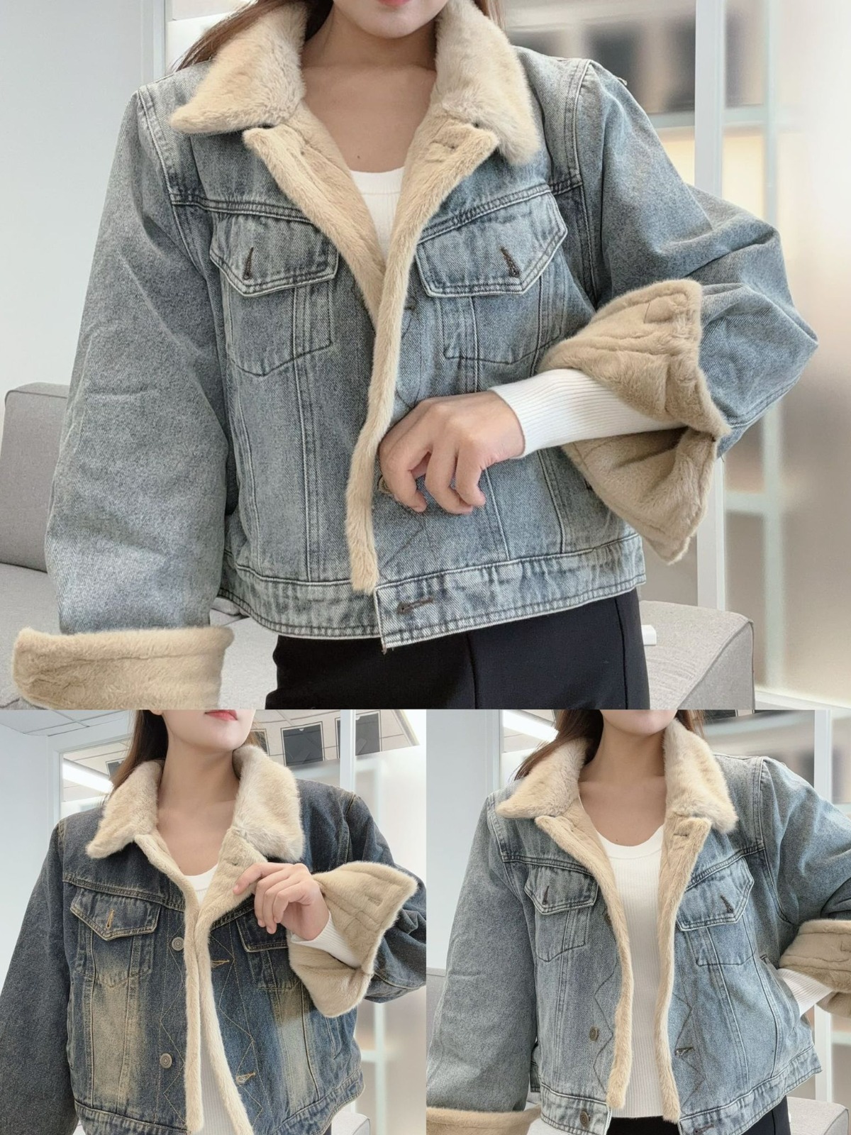 超滑內毛毛里洗水牛仔褸