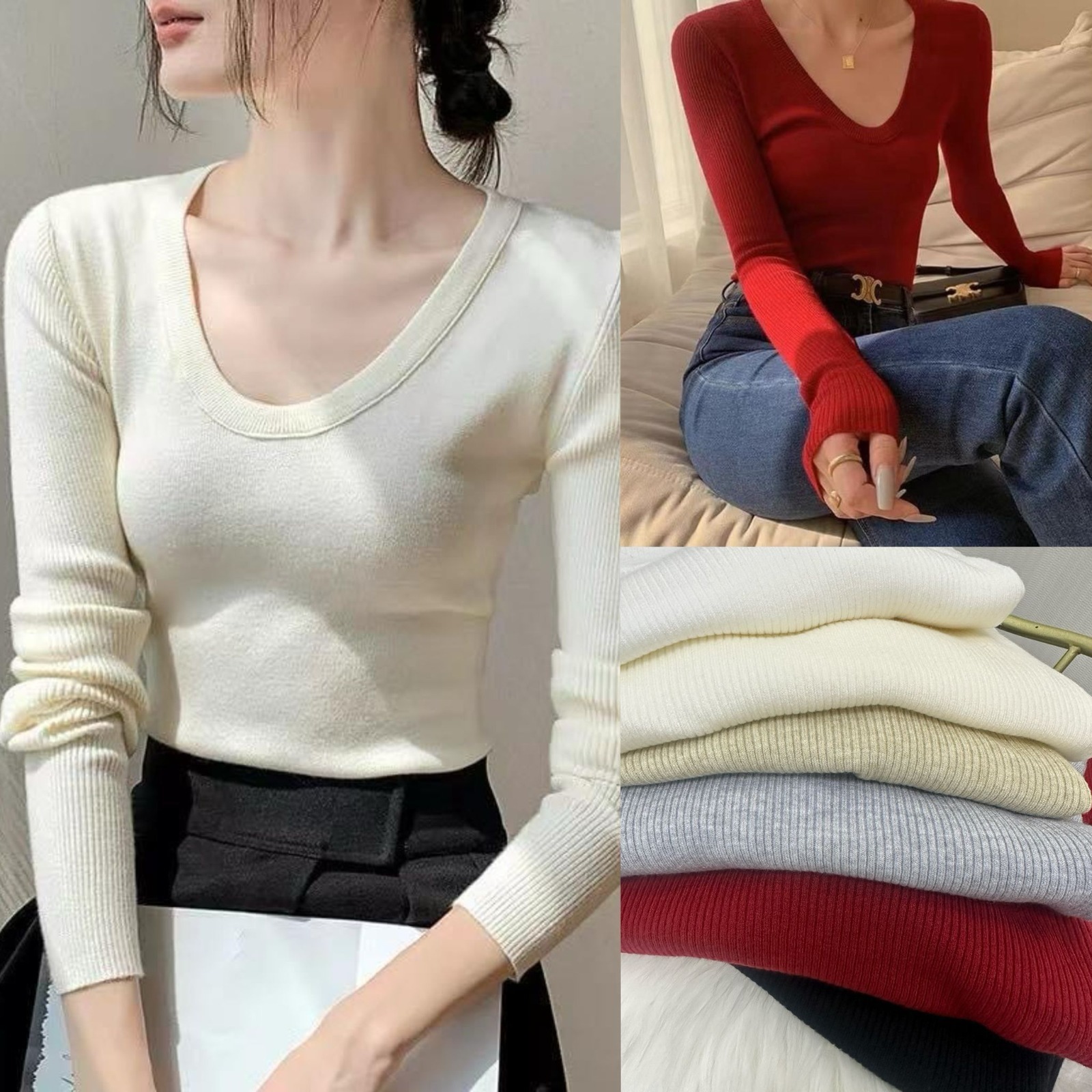 超強彈性大圓領針織打底