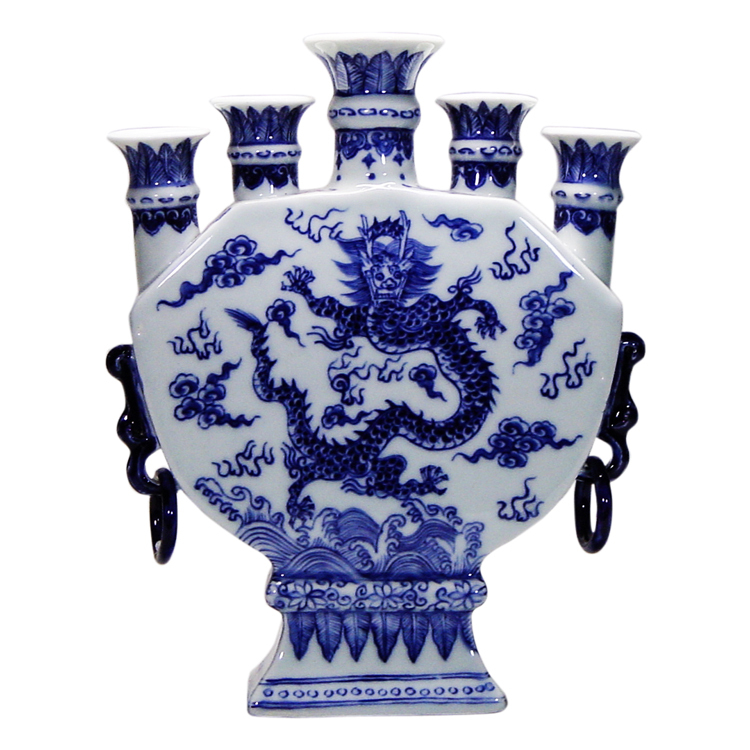 鹿港窯-青花手工彩繪 五福龍騰青花瓷五孔花瓶 開運居家擺件