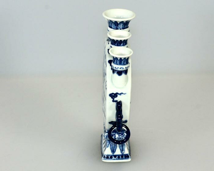 鹿港窯-青花手工彩繪 五福龍騰青花瓷五孔花瓶 開運居家擺件