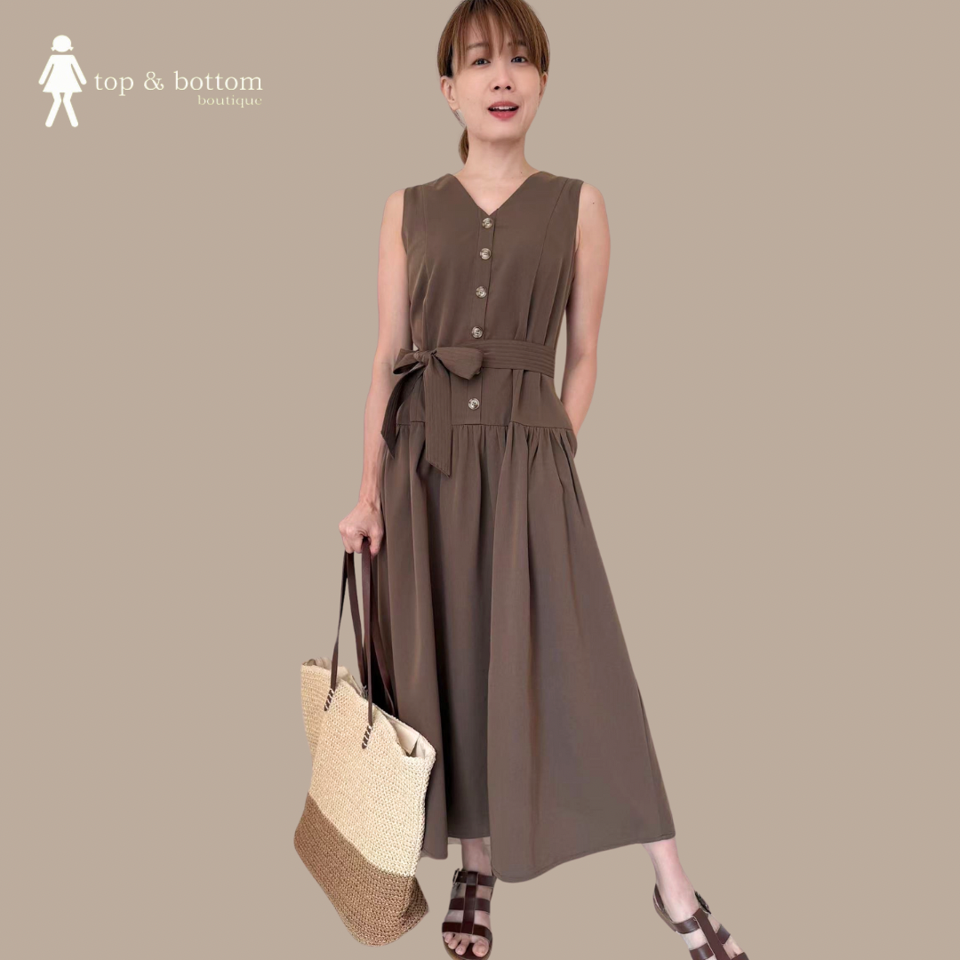 SLEEVELESS V NECK BUTTON DOWN LONG DRESS