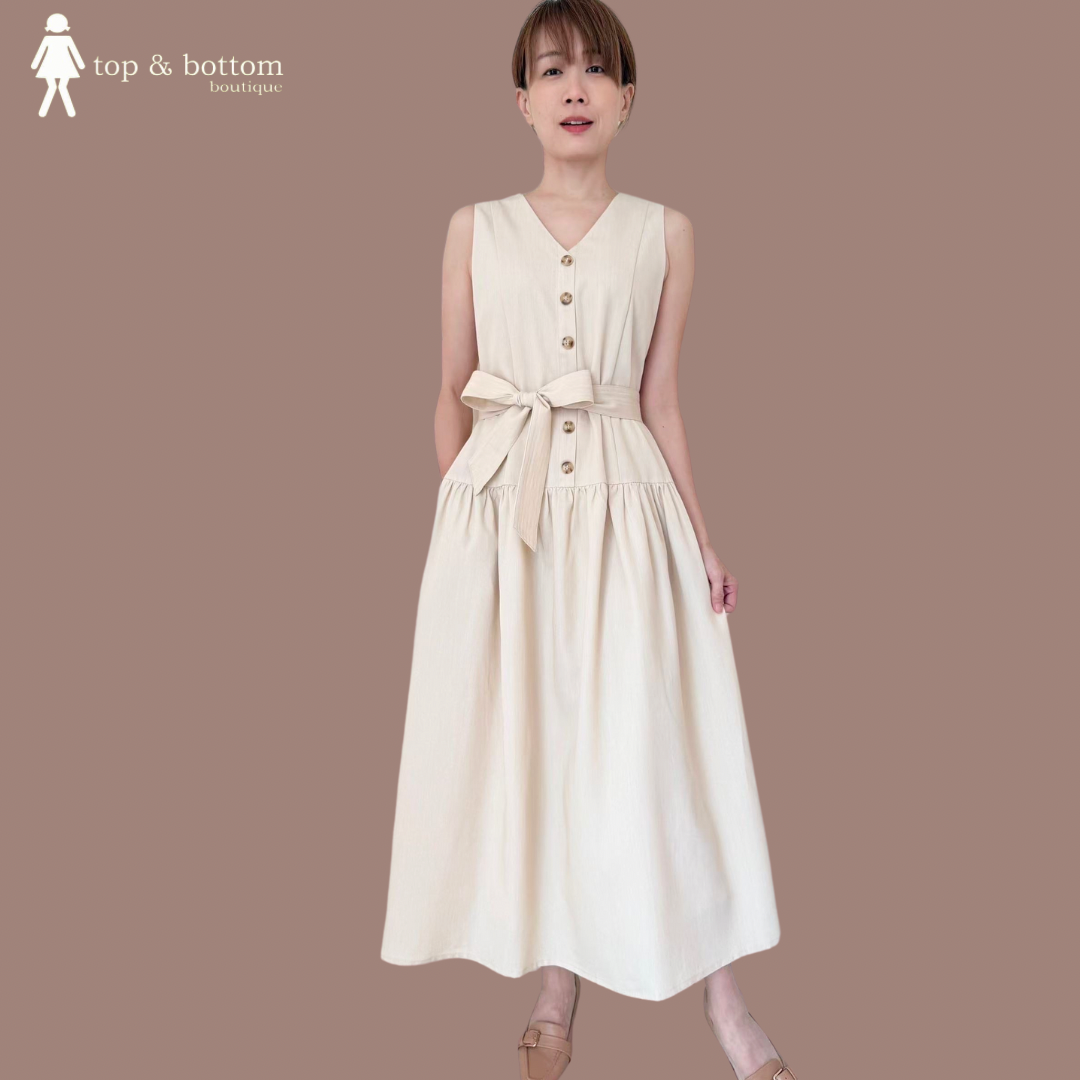 SLEEVELESS V NECK BUTTON DOWN LONG DRESS