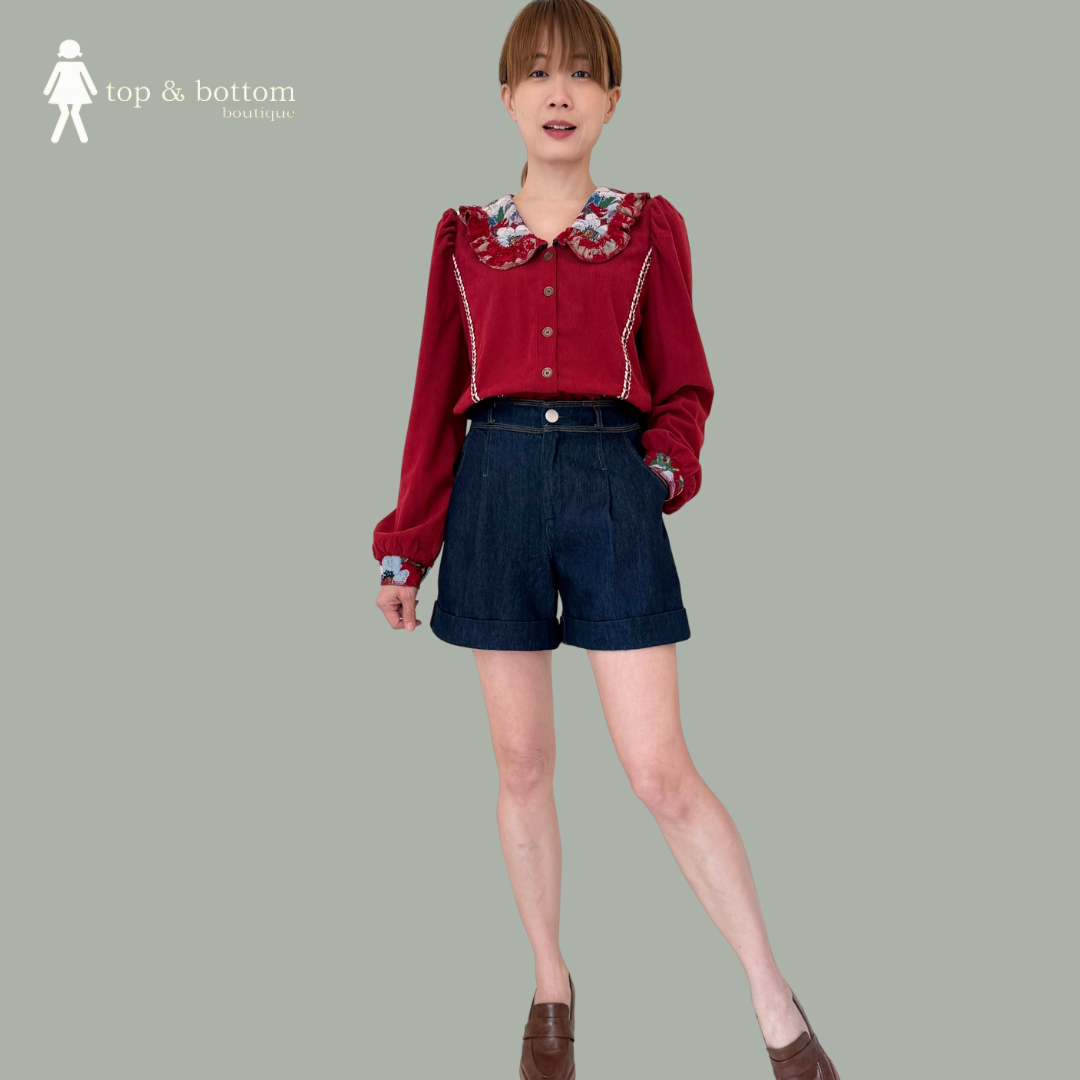 LONG SLEEVE CORDUROY EMBROIDERED COLLAR BLOUSE