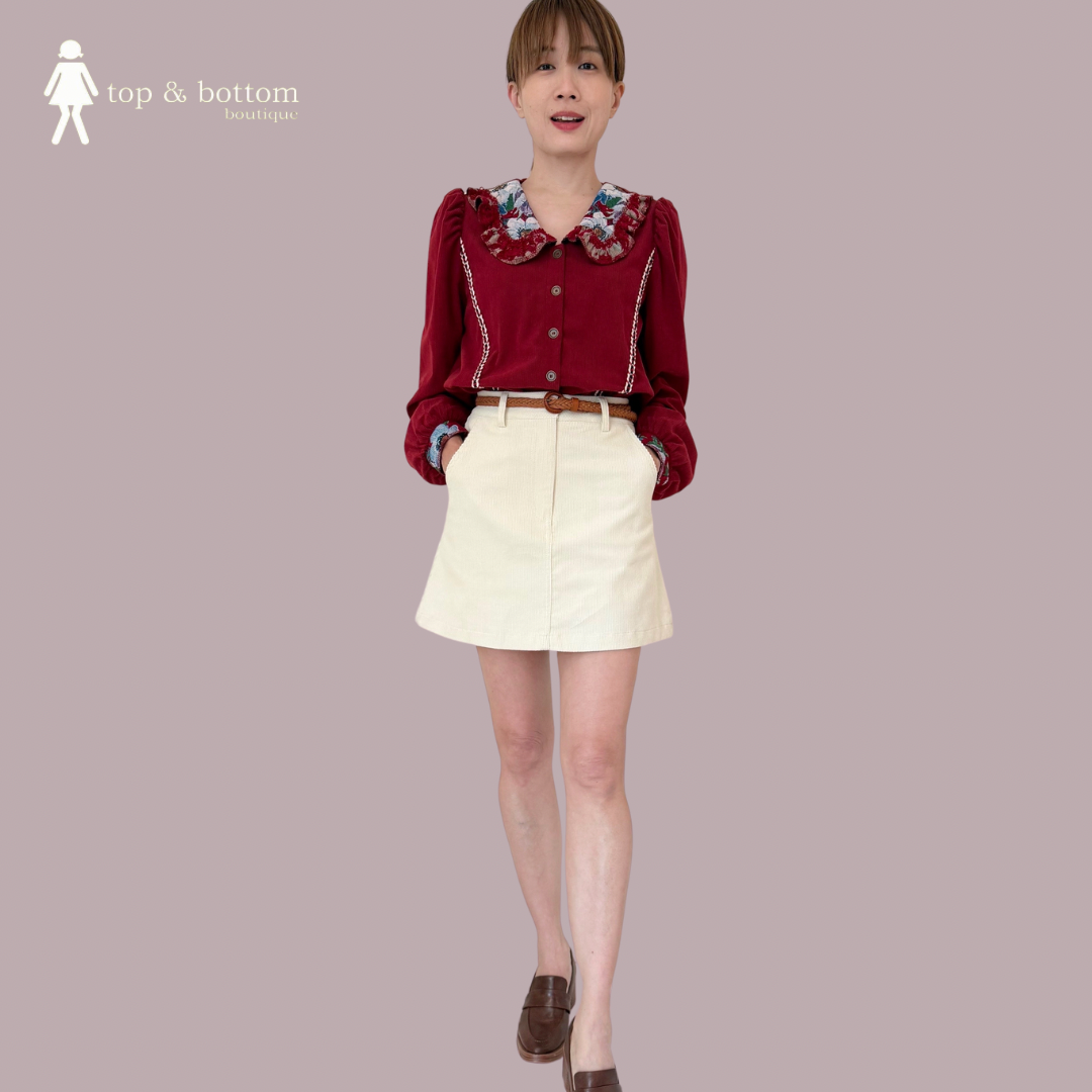 LONG SLEEVE CORDUROY EMBROIDERED COLLAR BLOUSE