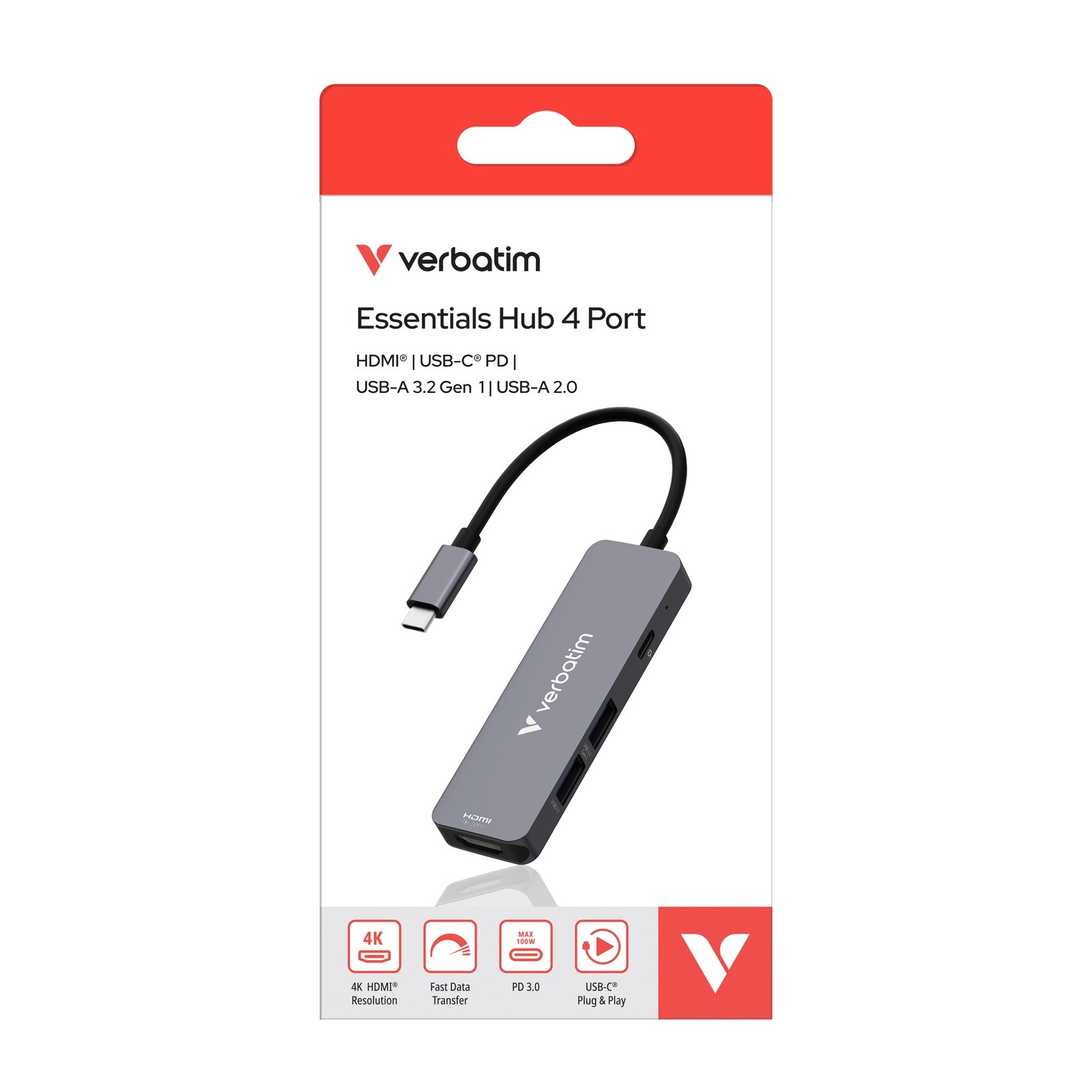 Verbatim Type C Hub 4-in-1 HDMI 4K/30Hz, USB-A 3.2 Gen 1x1, USB 2.0 x1, PD 100W