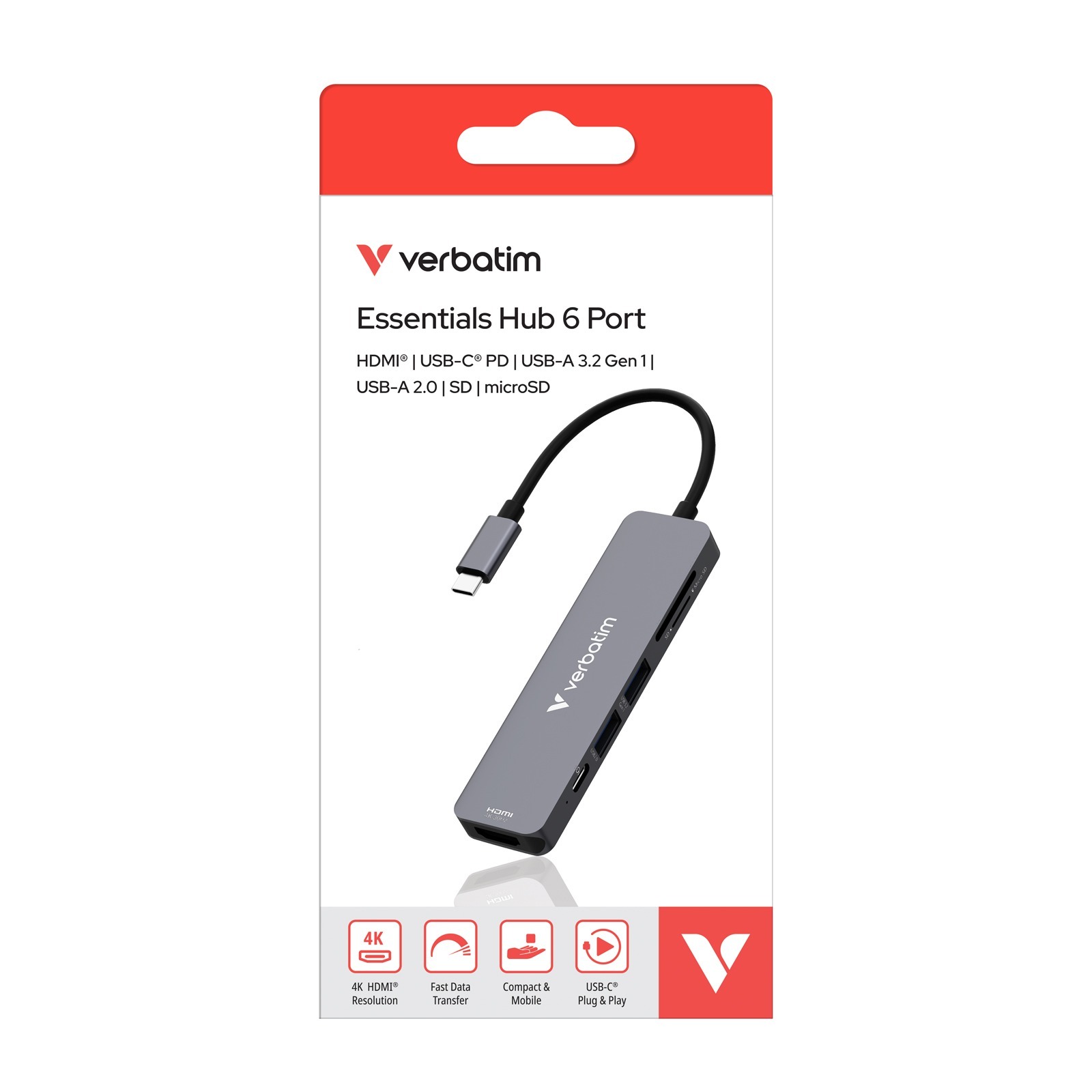 Verbatim Type C Hub 6-in-1 HDMI 4K/30Hz, USB-A 3.2 Gen 1 x1, USB-A 2.0 X1, SD, microSD, PD100W