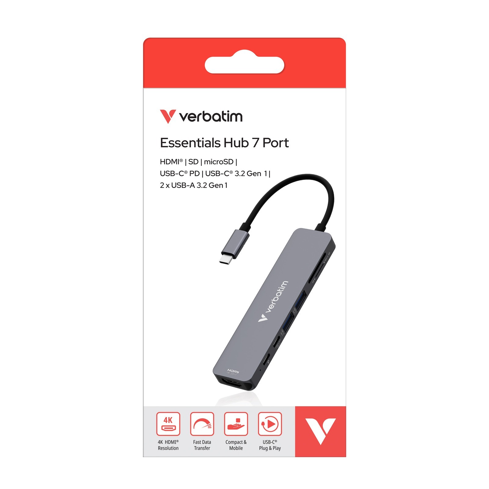 Verbatim Type C Hub 7-in-1 HDMI 4K/30Hz, USB-A 3.2 Gen 1 x2, SD, microSD,USB-C USB 3.2 Gen1 Data, PD100W - 32158
