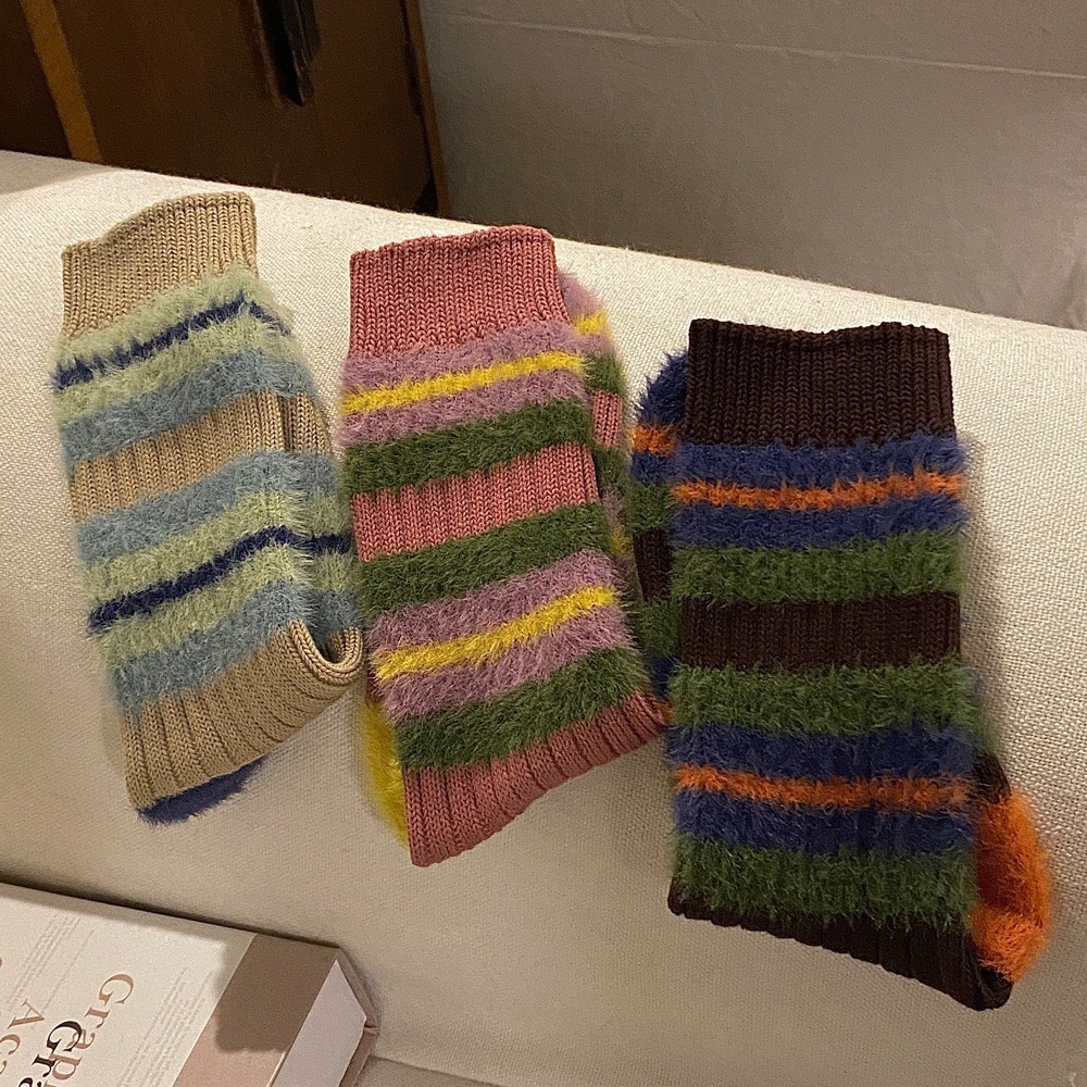 《5399》♾️秋冬美拉德色系貂絨條紋中筒襪