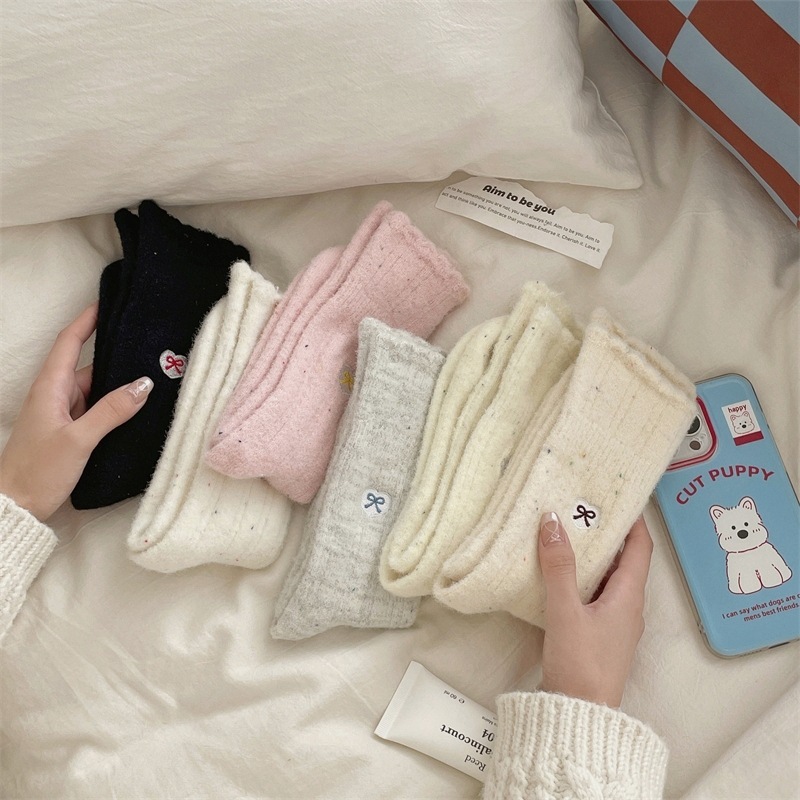 《5404》♾️秋冬蝴蝶結加厚點子紗加絨中筒襪