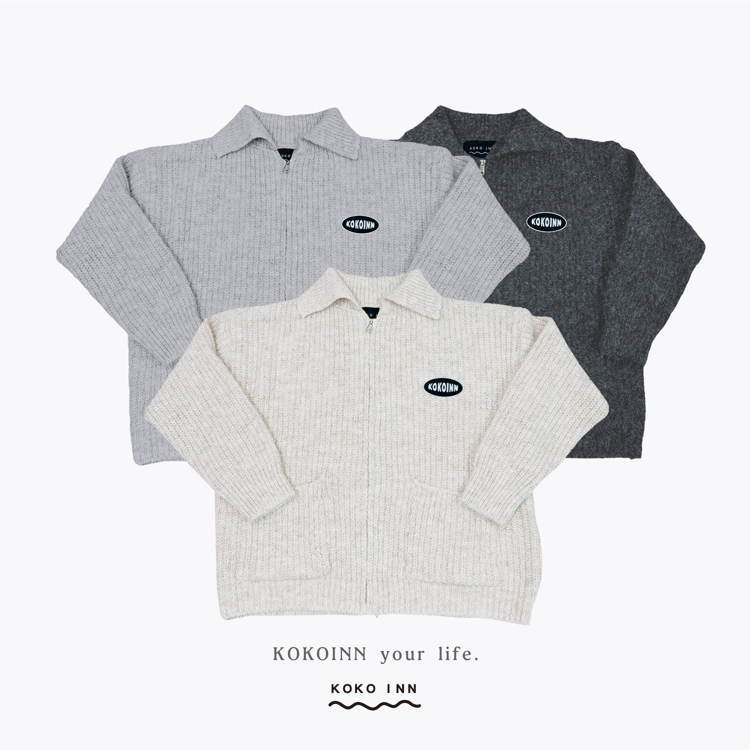 KOKOINN 雙口袋翻領拉鍊針織外套