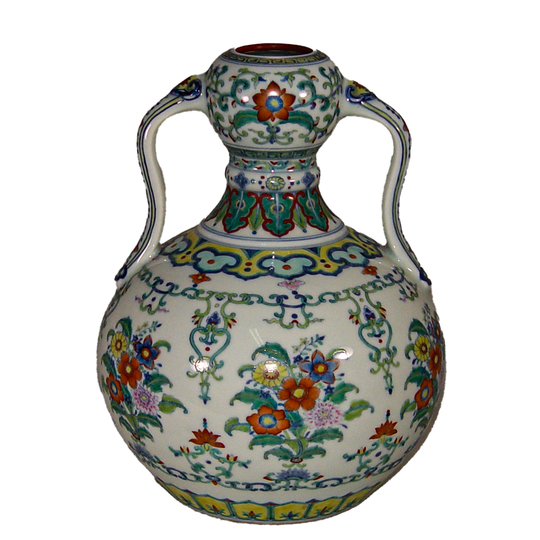 居家開運｜仿清雍正鬥彩瓷雙耳如意葫蘆花瓶｜吉祥花卉手工彩繪