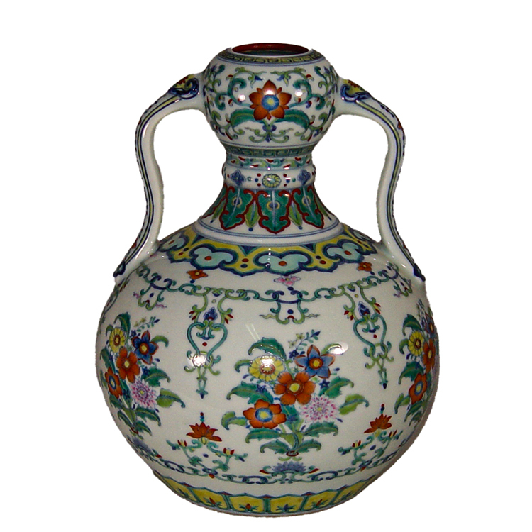 鹿港窯|居家開運|仿清雍正鬥彩瓷雙耳如意葫蘆花瓶|吉祥花卉手工彩繪