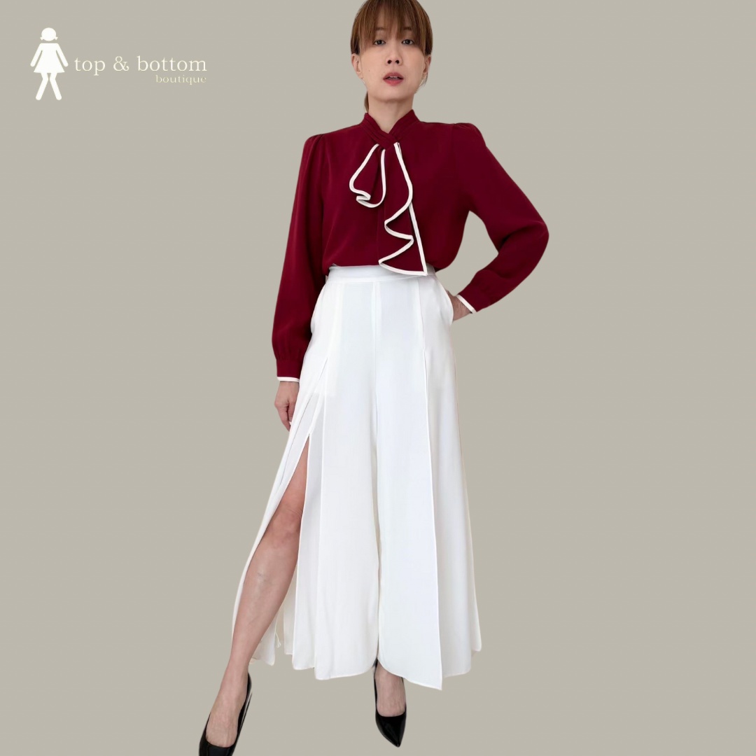 WHITE TRIMMED BOW FRONT L/SLEEVE BLOUSE