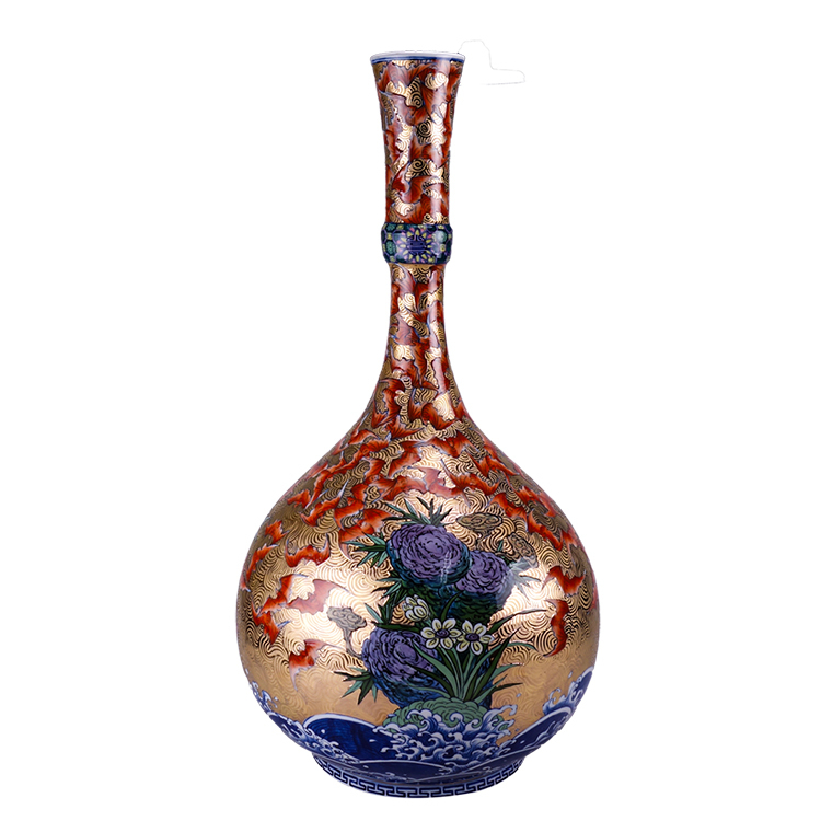 鹿港窯|富貴吉祥！67公分大清乾隆風格金彩百福常頸瓶