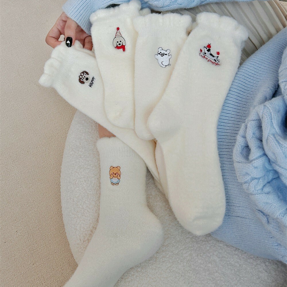 《5407》♾️秋冬可愛刺繡小熊/小狗加厚加絨中筒襪