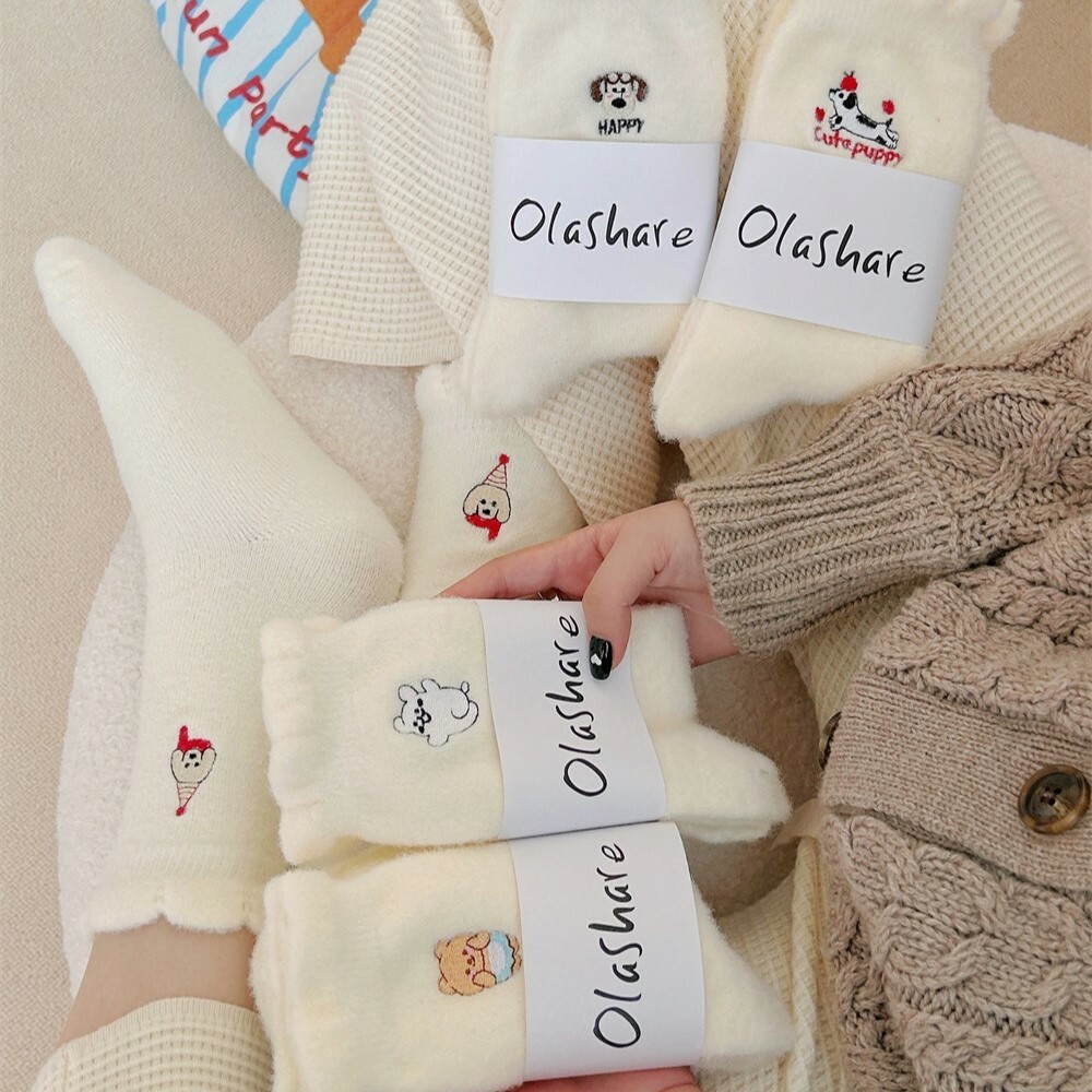 《5407》♾️秋冬可愛刺繡小熊/小狗加厚加絨中筒襪