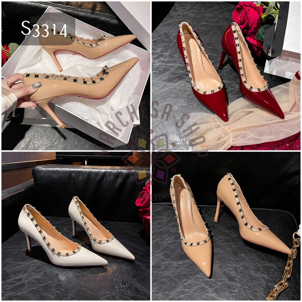 S3314 - 全真皮羊漆皮鉚釘尖頭高踭鞋