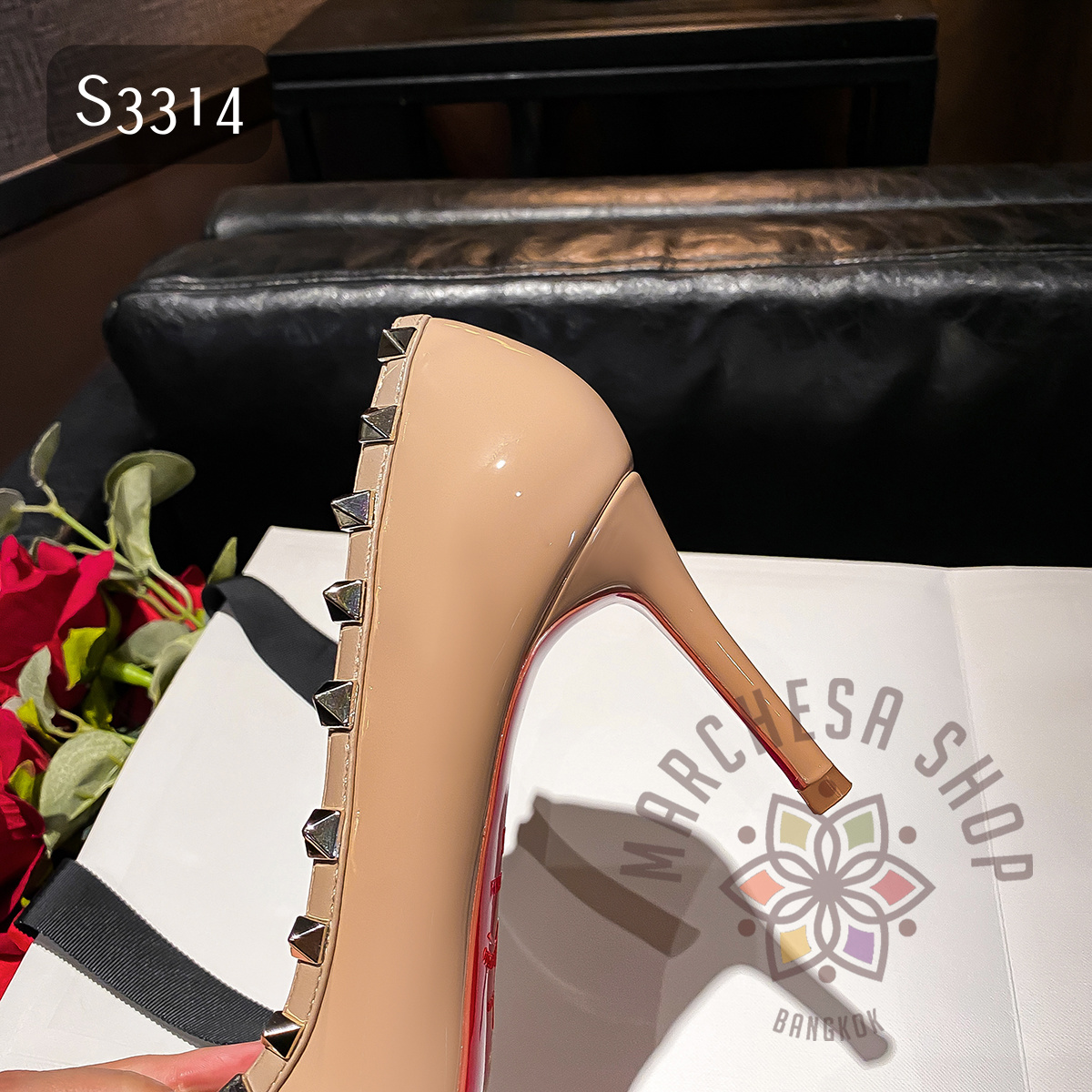 S3314 - 全真皮羊漆皮鉚釘尖頭高踭鞋