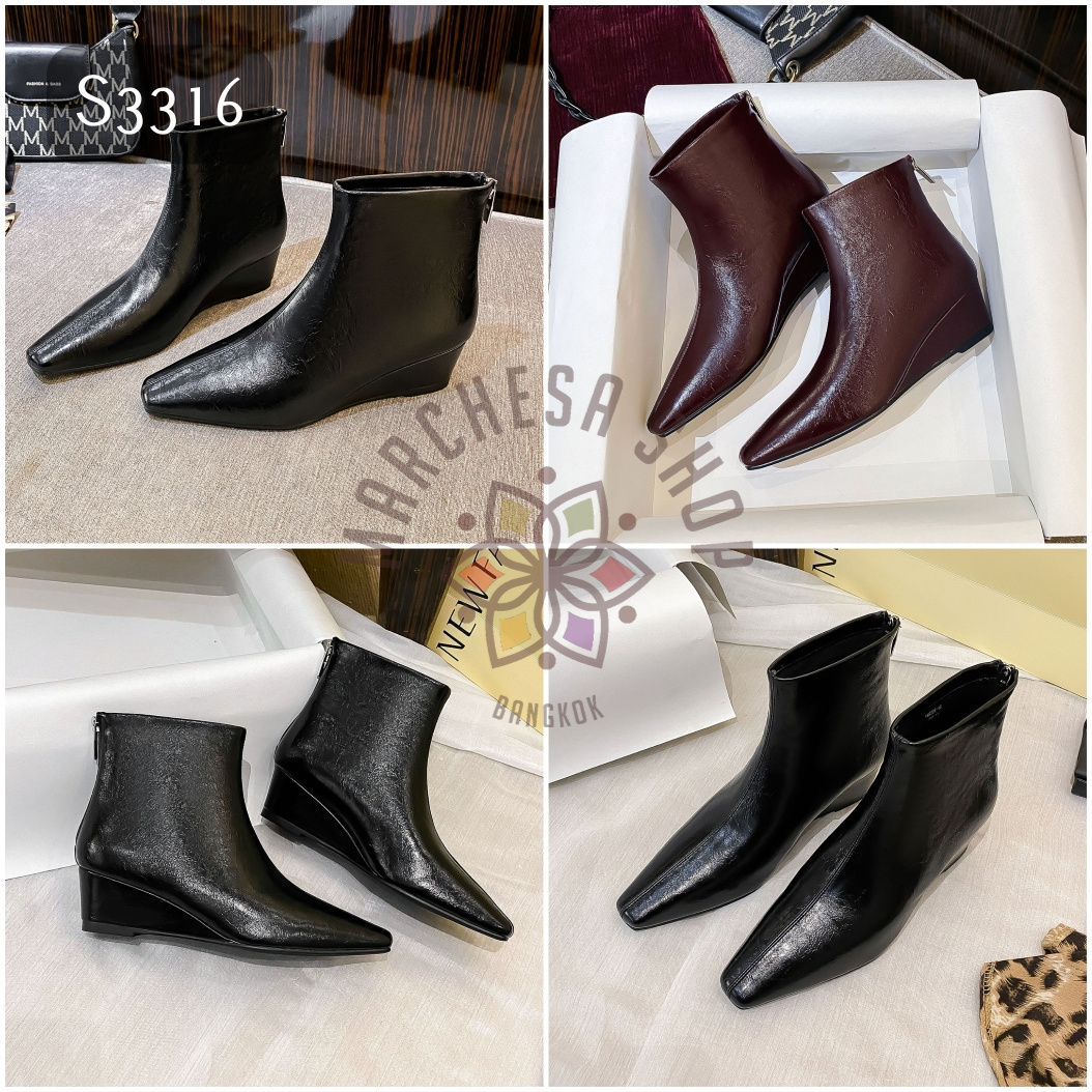 S3316 - 全真皮軟羊皮皺紋尖頭船踭踝靴