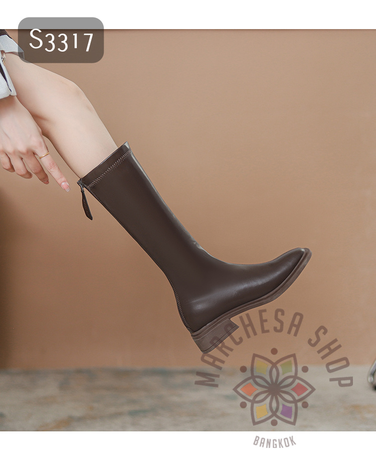 S3317 - 真皮軟牛皮簡約方頭後拉鏈平底中筒靴