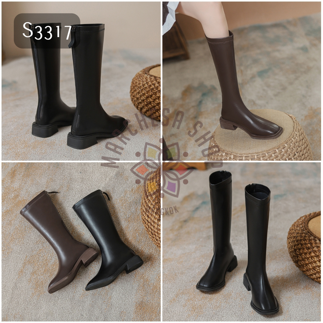 S3317 - 真皮軟牛皮簡約方頭後拉鏈平底中筒靴