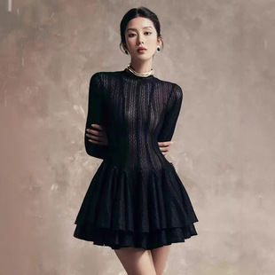 透視針織澎澎裙 長袖洋裝(黑/白)