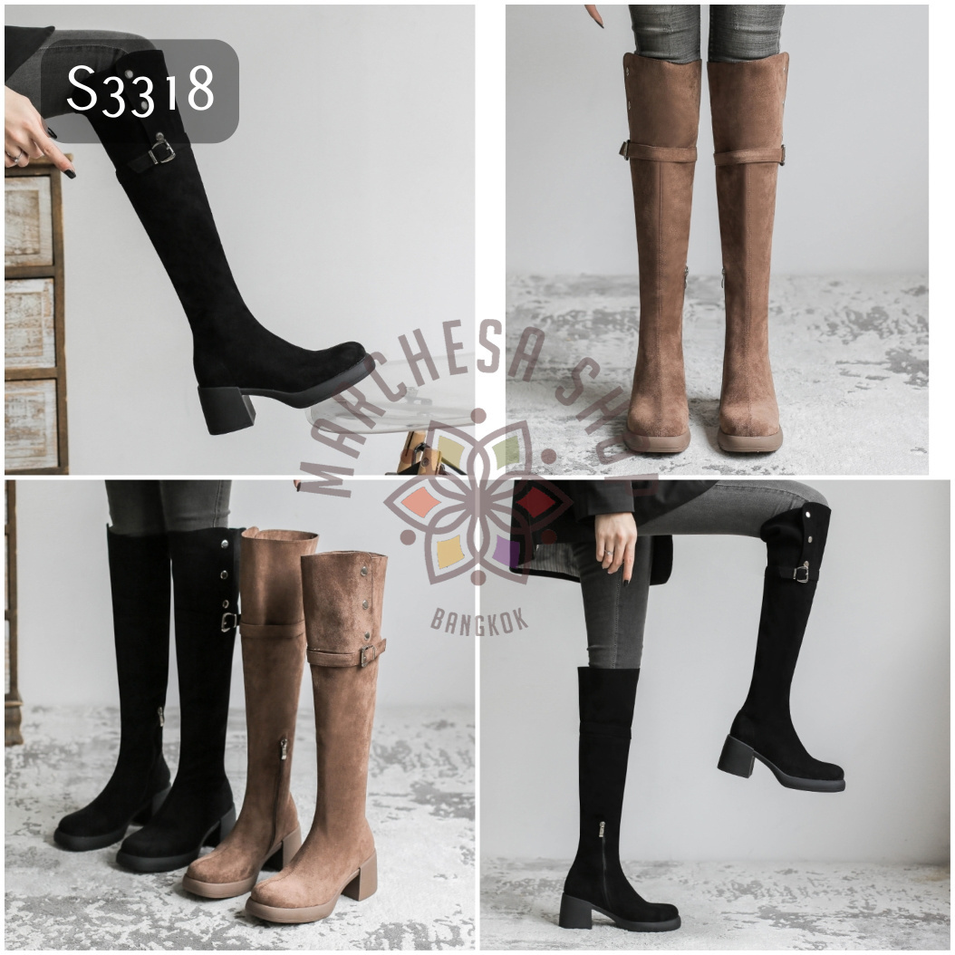 S3318 - 全真皮軟羊猄皮鈕扣一字帶高踭過膝長靴