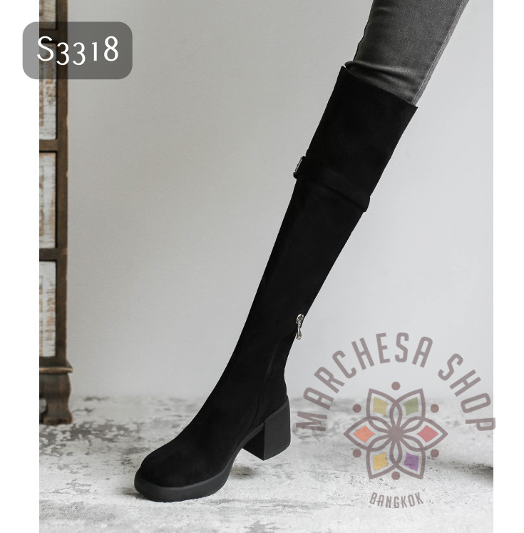 S3318 - 全真皮軟羊猄皮鈕扣一字帶高踭過膝長靴