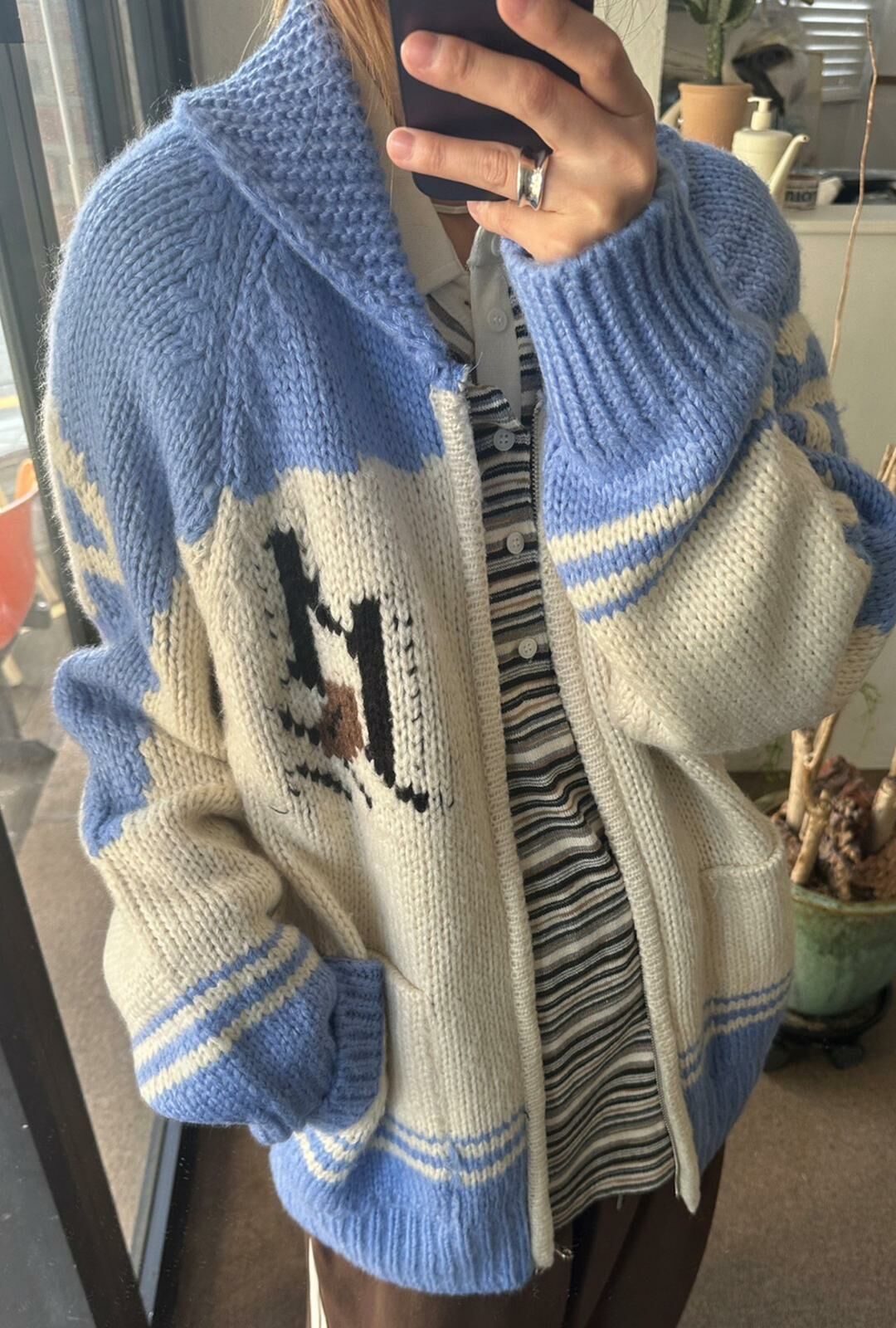 反領圖案拉鍊針織外套 OREO-097JK