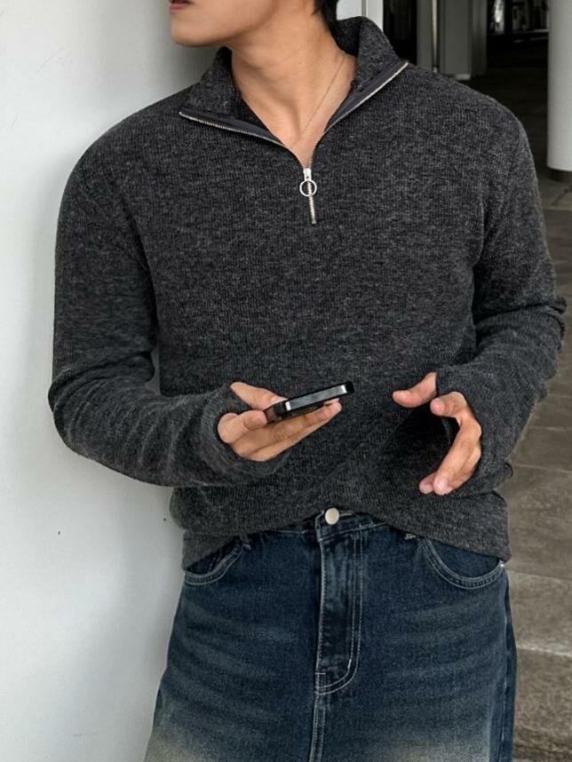 淨色反領半拉鍊針織衫 EARN-040T