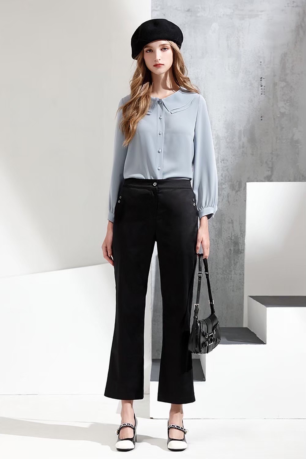 韓版OL質感棉純色釦子造型百搭修身喇叭長褲V6372